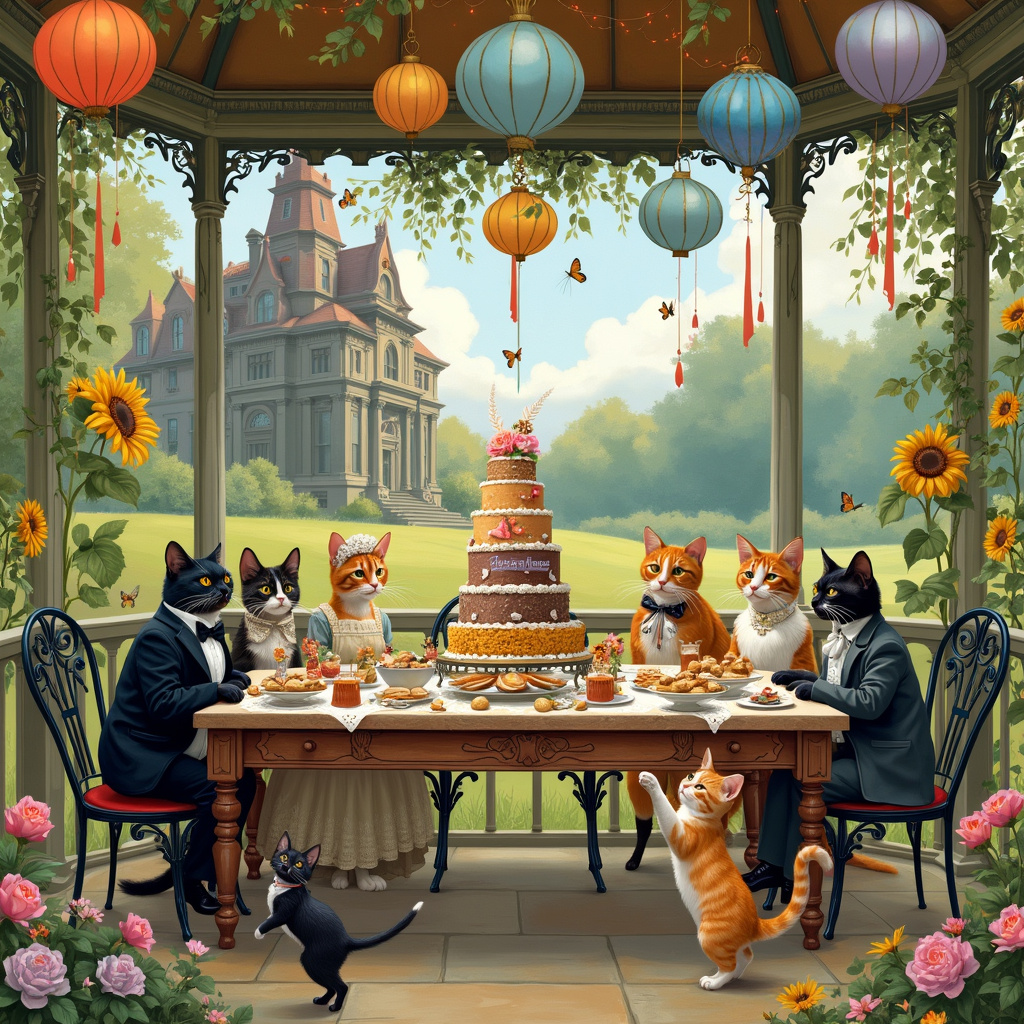 In the center of a lush, whimsical garden, a beautiful Victorian gazebo serves as the stage for an unforgettable feline birthday party. Picture the gazebo painted in pastel colors with intricate gingerbread trim reminiscent of Beatrix Potter's delicate illustrations. Inside the gazebo, a long, rustic wooden table, straight out of an N.C. Wyeth adventure scene, is laden with an extravagant birthday feast. Plates overflow with fish-shaped cookies, catnip cupcakes, and sardine sandwiches, all detailed with the precision of Norman Rockwell.

Perched on ornate wrought iron chairs around the table are the party guests: a variety of cats dressed in period attire that nods to Arthur Rackham’s fantastical characters. There's a dignified tabby in a top hat and monocle, a calico with a lace bonnet, and a sleek black cat wearing a Victorian suit complete with a pocket watch. Each cat is mid-conversation or caught in a moment of gleeful birthday surprise, similar to Maurice Sendak's lively storytelling.

Above the table, strings of fairy lights and vibrant paper lanterns, inspired by Maxfield Parrish's use of luminous color, hang from the gazebo's beams, casting a magical glow. Around the gazebo, the garden is a riot of colors and textures; tall sunflowers, lush roses, and wild ivy all drawn with the meticulous detail of Gustave Doré’s engravings. Butterflies and bees, evoking Quentin Blake’s whimsical charm, flit among the flowers, adding movement and life.

In the foreground, a tuxedo cat in a frilly apron stands on its hind legs, balancing a towering, multi-tiered birthday cake decorated with tiny mice figurines and an elaborate “Happy Birthday!” banner. Nearby, a playful kitten tugs at a string of colorful balloons that float above, their reflections gleaming like Maxfield Parrish's ethereal skies. 

In the background, a beautifully illustrated Victorian mansion looms, inspired by Edward Gorey’s architectural fascination, adding a slightly gothic, yet inviting touch to the scene. This quirky, detail-rich garden party celebrates the birthday in a delightfully extravagant and visually captivating manner, a feast for the eyes and a treat for any cat lover.
Generated with these themes: Beautiful cats.
Made with ❤️ by AI.