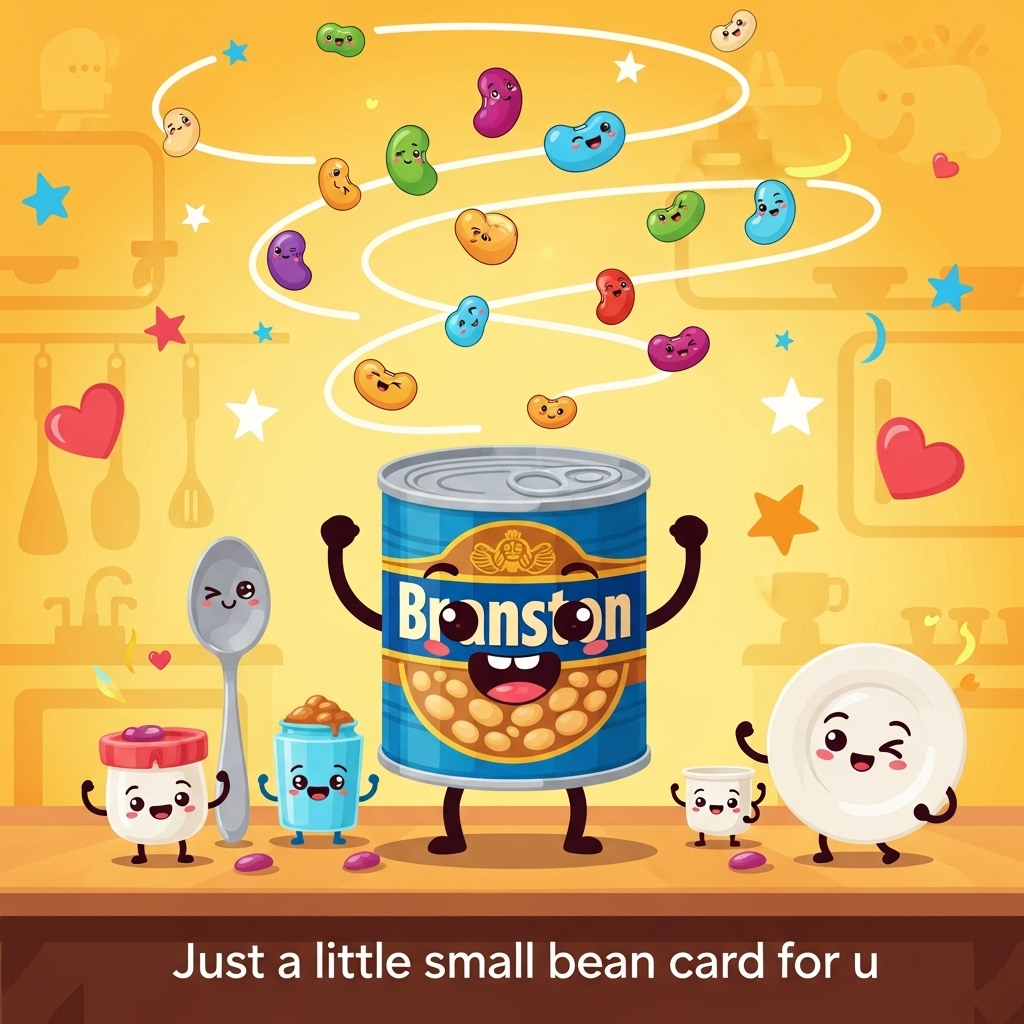 At the bottom of the Cartoon Style image, add the text: "Just a little small bean card for u".

---

Imagine a vibrant and playful scene set in a whimsical kitchen. In the center, there's an animated can of Branston beans, with a cheeky grin and big, expressive eyes. The can has arms and legs, standing triumphantly on a table surrounded by other cute kitchen items like a spoon and a plate, all with cartoonish faces and joyful expressions. 

Above the can, swirling like confetti, are colorful beans bouncing around, each with tiny smiles and winking eyes, as if they're dancing in celebration. The background is a warm, sunny yellow to enhance the cheerful mood, and there are sprinkles of cartoon stars and hearts scattered around, adding a magical touch.

This vibrant image captures the spirit of gratitude in a delightful and lighthearted way, perfect for a thank-you greeting card.
Generated with these themes: Branston beans, and .
Made with ❤️ by AI.