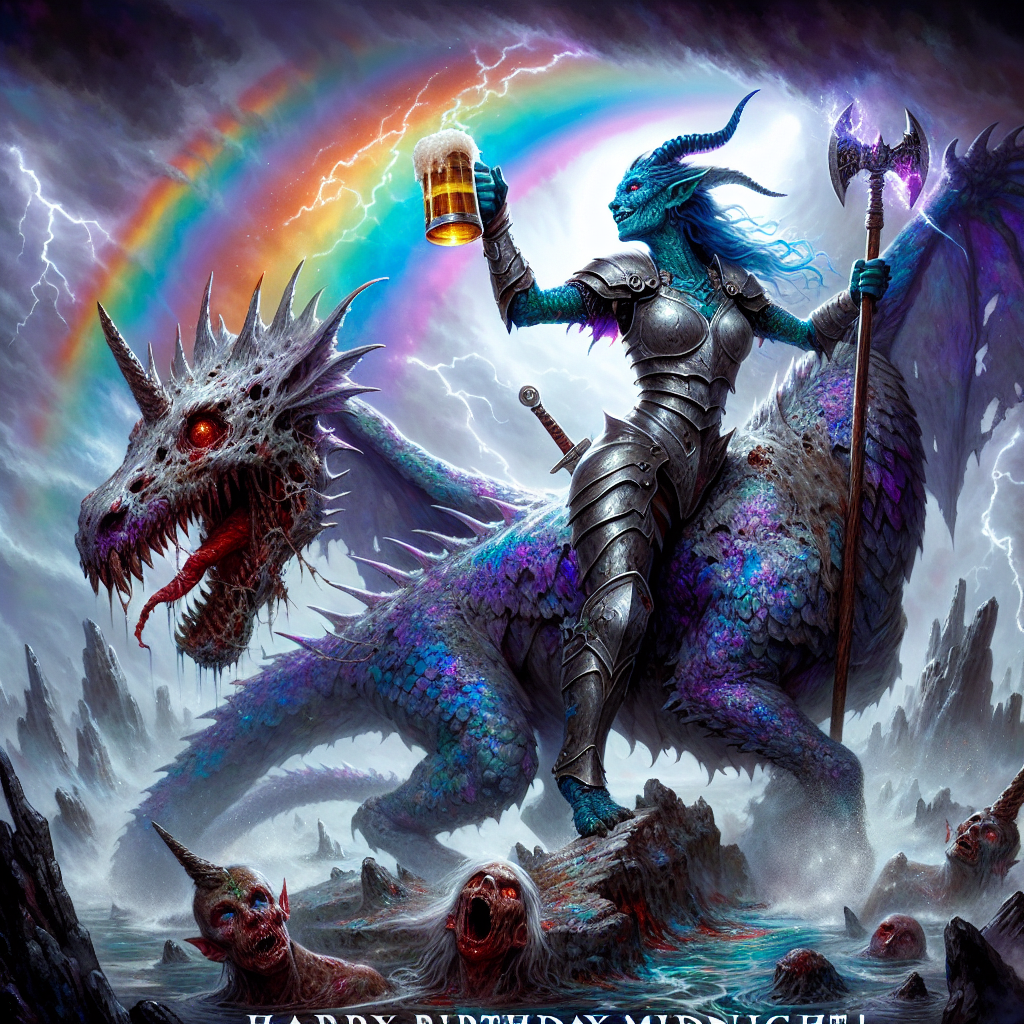 In a landscape swirling with shadows and storms, a birthday scene is taking place with surreal intensity. At the center of the picture is a female dragon, humanoid in shape, whose scales shimmer in shades of blue and purple. She is formidable, yet captivating, in her chainmail armor. With one hand, she raises a flagon of beer towards the sky, as if saluting the very gods themselves, while in her other hand, she confidently grips a hefty battle axe. She mounts a crumbling, zombie-like unicorn that growls menacingly into the darkness, surrounded by the ethereal beauty of a rainbow set against the backdrop of jagged lightning. Amid this fantastical turmoil, the message 'Happy Birthday Midnight!' is inscribed in an eerily beautiful font, adding a heartening personal touch to the scene.
Generated with these themes: Female dragon humanoid with blue and purple scales, Wearing chainmail armour, Drinking beer, Riding a zombie unicorn, Rainbow, Lightning, Dark fantasy, Wielding a battle axe, and "Happy Birthday Midnight!".
Made with ❤️ by AI.