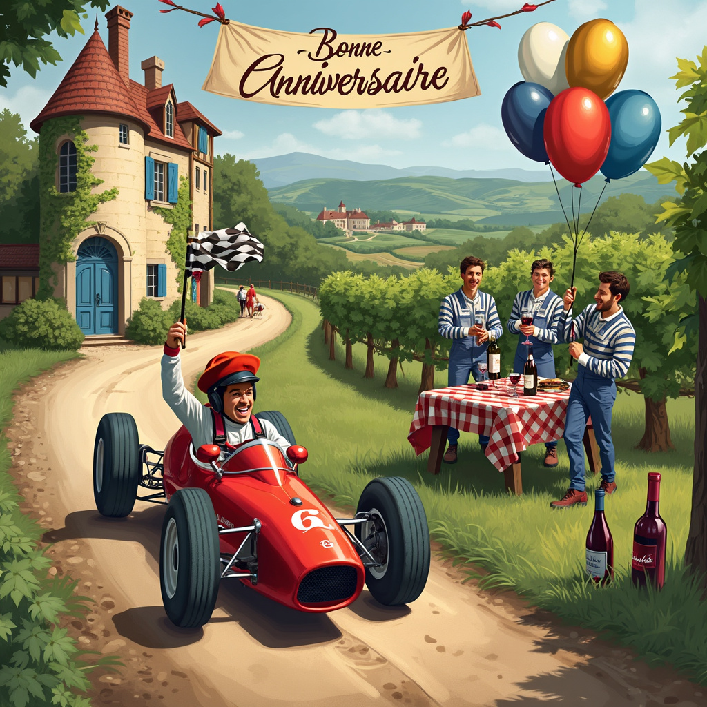 Picture this: The front cover of the birthday card showcases a whimsical French vineyard, but with a high-octane twist. In the foreground, a sleek, red Formula One car zooms along a curving dirt path that winds through lush rows of grapevines. The driver, in full racing gear but with a comically oversized beret perched on his helmet, waves a checkered flag out the window. 

To the left of the path, a charming stone chateau, complete with ivy-covered walls and blue shutters, stands majestically. A rustic wooden table is set up outside the chateau, adorned with a red-and-white checkered tablecloth, several wine glasses, and a collection of wine bottles with labels featuring famous French landmarks like the Eiffel Tower and Notre Dame. 

In the background, several members of a pit crew, also in full racing attire but with striped French sailor shirts over their jumpsuits, are busily working on another Formula One car. One of them holds a wine bottle instead of a fuel canister, pretending to fill up the car's gas tank with wine.

Above this lively scene, a vintage-style banner strung between two grapevines reads "Bonne Anniversaire!" in elegant, curly script. Balloons shaped like wine bottles and racing tires float in the air, adding to the festive atmosphere. 

Overall, the scene is a humorous blend of high-speed thrills, French elegance, and vinous delight, capturing the birthday celebrant’s love for wine, Formula One, and all things French.
Generated with these themes: Wine, Formula one, and France.
Made with ❤️ by AI.
