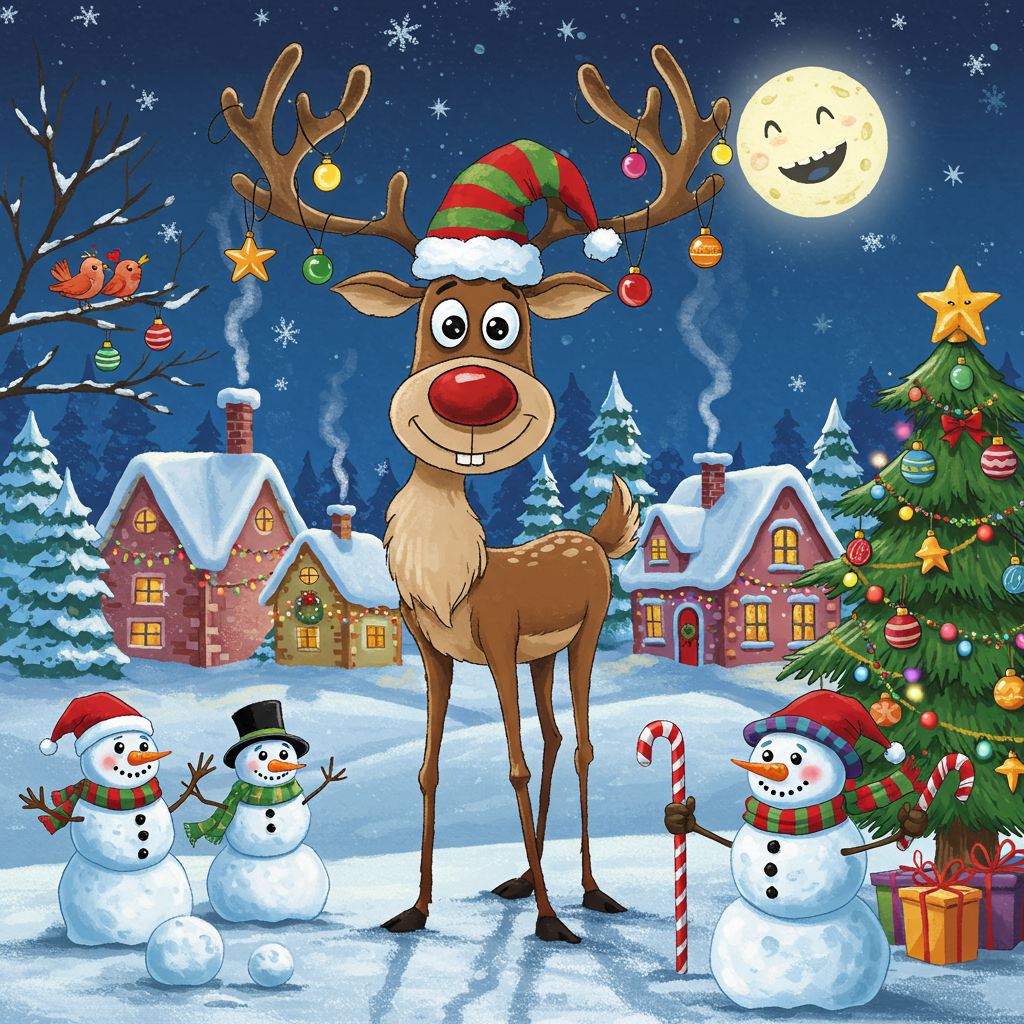 Front and center, a comical reindeer with exaggeratedly long eyelashes and a big, cheeky grin wears a vibrant red and green Santa hat perched jauntily atop its head. Its antlers are festooned with colorful baubles and blinking Christmas lights, casting a playful glow. The reindeer's body is humorously elongated, with its legs comically knobby and slightly too long, giving it an awkward but endearing posture.

In the background, a snow-covered village scene unfolds. The quaint, cartoon-style houses are painted in bright pastel colors, their roofs piled high with fluffy snow. Each window is framed with cheerful holiday lights, twinkling in hues of blue, red, and yellow. Santa Claus, depicted with an oversized, jolly belly and comically tiny glasses perched on the tip of his nose, is caught mid-chimney climb, his legs sticking out amusingly.

In the foreground, a trio of mischievous, anthropomorphized snowmen with big, round, button eyes and exaggerated carrot noses engage in a snowball fight. One snowman sports a vividly colored scarf that flaps in the imaginary wind, while another holds a candy cane like a scepter, its stripes bold and swirling.

The sky above is a vibrant, deep blue, dotted with stars that twinkle humorously large, almost like cartoon eyes watching the scene below. A full, bright moon looms, smiling with a wide, exaggerated crescent grin, casting an inviting glow over the scene.

To the side, a Christmas tree stands proudly, decked out in oversized, shiny ornaments and an enormous star at its top, almost too big for the tree itself. Its branches seem to sag under the weight of the decorations, adding to the cartoonish effect.

Subtle references to romantic themes are cleverly woven in, such as a pair of lovebirds with tiny Santa hats, snuggling on a tree branch, their plumage a vibrant mix of reds and greens. A string of mistletoe dangles above a doorway, humorously oversized with its leaves depicted in a lush, vivid green, and its berries a bright, playful red.

The entire scene is bursting with color and charm, rendered in a style that takes cues from the whimsy of Schulz and the exaggerated flair of Larson, with a nod to the bold, clean lines reminiscent of Hergé's work.
Generated with these themes: sex.
Made with ❤️ by AI.