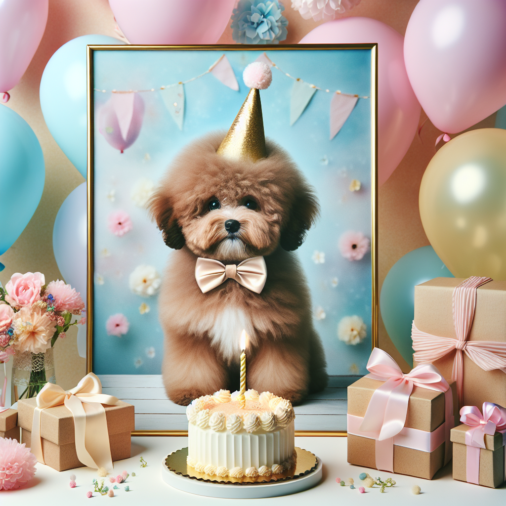 Create a charming birthday setting featuring a backdrop of pastel-colored balloons and delicate flower garlands. At the center, place a wonderfully realistic depiction of an adorable, fluffy brown Bichon Frise wearing a golden party hat. This cute pup is surrounded by wrapped gifts and a cake with vanilla frosting, topped with a single twinkling candle.
Generated with these themes: Lovely brown bichon frise.
Made with ❤️ by AI.