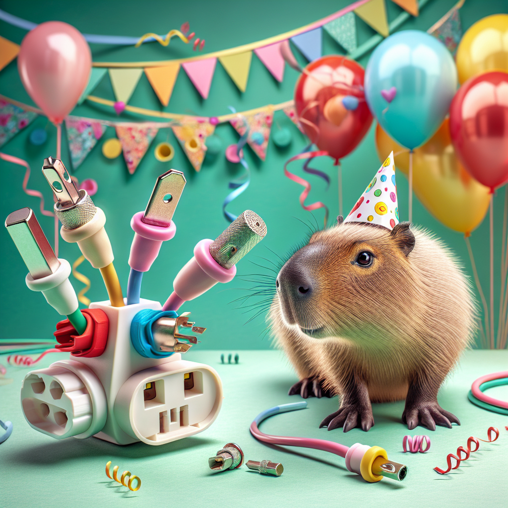 A playful, imaginative birthday scene is set, featuring a charming caricature of a capybara wearing a jolly party hat. The capybara finds itself amidst a vibrant background of balloons and streamers. Adding a curious twist to the scene, various electrical connectors hang off the strings of the balloons. Each connector is embellished with a small bow or decorated with joyful patterns, integrating perfectly into the festive birthday atmosphere. The capybara cartoon character seems engaged, interacting with these unusual but festive components of the decorations.
Generated with these themes: Capybara, and Electrical connectors.
Made with ❤️ by AI.