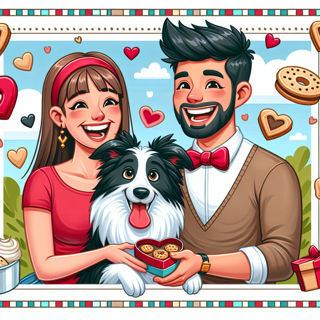 Create a whimsical and delightfully cartoonish image that portrays a couple of diverse descent celebrating their anniversary in an environment filled with laughter and joy. Place a Caucasian female and a Middle-Eastern male in the center, their happiness magnified by the charm of their pet Border Collie. The Border Collie, who is wearing a red bow tie, presents them with a heart-shaped box filled with biscuits to symbolize their shared love and affection towards their pet. Add a playful border to the image, decorated with cartoonish illustrations of the collie and cookies, thereby contributing to the cheerful and celebratory atmosphere of the scene.
Generated with these themes: Border collie, and Biscuits.
Made with ❤️ by AI.