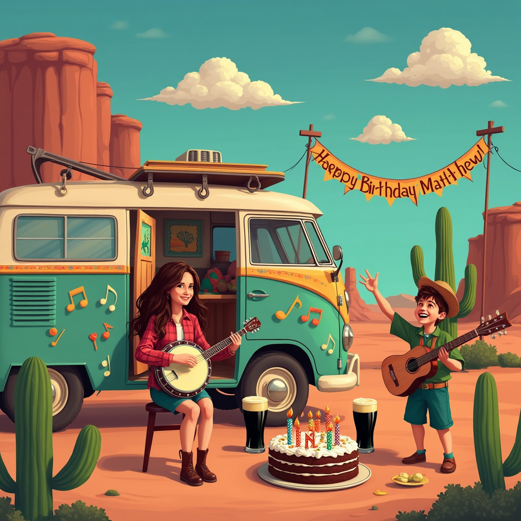 Picture a vibrant desert scene under the clear blue skies of Arizona, where the rust-colored cliffs and saguaro cacti frame the background. To the left of the scene, a quirky, retro camper van is parked, its sides adorned with playful folk art patterns and musical notes. The open door of the van reveals a cozy interior, with Katherine, a brunette with cascading brown hair, strumming a banjo while sitting on the steps. She is wearing a flannel shirt and denim shorts, embodying the spirit of folk music.

In front of the van, there’s a small round table set up with a festive birthday cake decorated with candles spelling out "Happy Birthday Matthew!" in colorful icing. Next to the cake, a couple of tall glasses of frothy Guinness are set on the table, adding a touch of celebration and Irish cheer.

To the right of the scene, Matthew is captured mid-dance, joyfully playing an air banjo, his face beaming with laughter and a travel hat perched on his head. Behind him, a banner strung between two cacti reads “Happy Birthday Matthew!” in bright, bold letters. 

In the sky above, fluffy clouds are whimsically shaped like musical notes, and one cloud has been creatively transformed into the shape of "M" for Matthew. The whole scene comes alive with the sense of celebration, travel, music, and love, making it the perfect birthday greeting card for Matthew.
Generated with these themes: Playing the banjo, folk music, traveling to Arizona,Guinness, girlfriend Katherine with brown hair.
Made with ❤️ by AI.