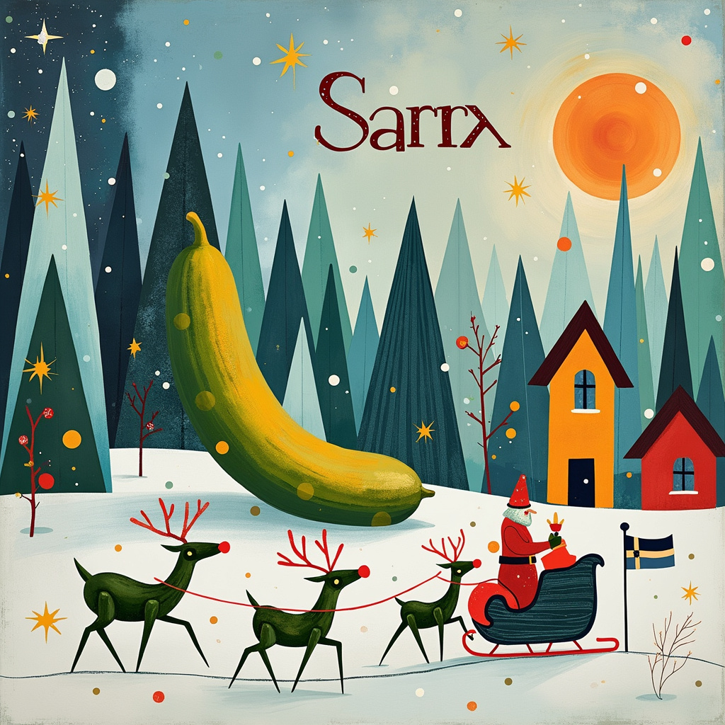 Picture this: a whimsical abstract Christmas card set in a fantastical interpretation of a Finnish landscape, incorporating unexpected elements. 

The background features a series of geometric shapes in varying shades of cool blues and icy whites, inspired by Piet Mondrian's compositions. These shapes represent the Finnish winter scenery, with towering triangles symbolizing fir trees and rectangles depicting traditional wooden houses. 

In the center, we have an oversized, abstract cucumber rendered in shades of green and yellow, with its surface textured like Jackson Pollock's drip paintings. This cucumber is whimsically decorated with Christmas ornaments and fairy lights, drawing the eye towards it as the focal point. 

To the right, a series of swirling, colorful lines inspired by Joan Miró form the shapes of Finnish reindeer prancing playfully around the cucumber, their antlers adorned with tiny Christmas bells. 

Floating above, a Rothko-esque band of soft, ethereal colors form a surreal sky. Within this sky, twinkling stars spell out the name "Saara" in an elegant, flowing script, making her name an integral part of the celestial scene. 

The foreground is dotted with abstract, geometric snowflakes in various sizes and colors, inspired by Kandinsky’s compositions. These snowflakes fall gently around an abstract Santa Claus figure, created with de Kooning-like bold, expressive strokes, riding a sleigh pulled by cucumbers instead of reindeer, each cucumber with a tiny red nose.

The scene is completed with a playful touch: a small Finnish flag, composed of Cy Twombly-esque scribbles, fluttering atop one of the abstract fir trees, adding a dash of national pride to the whimsical, festive scene.

All these elements come together to create a visually captivating and amusing Christmas greeting card, a true masterpiece for Saara.
Generated with these themes: Finland, and Cucumber.
Made with ❤️ by AI.