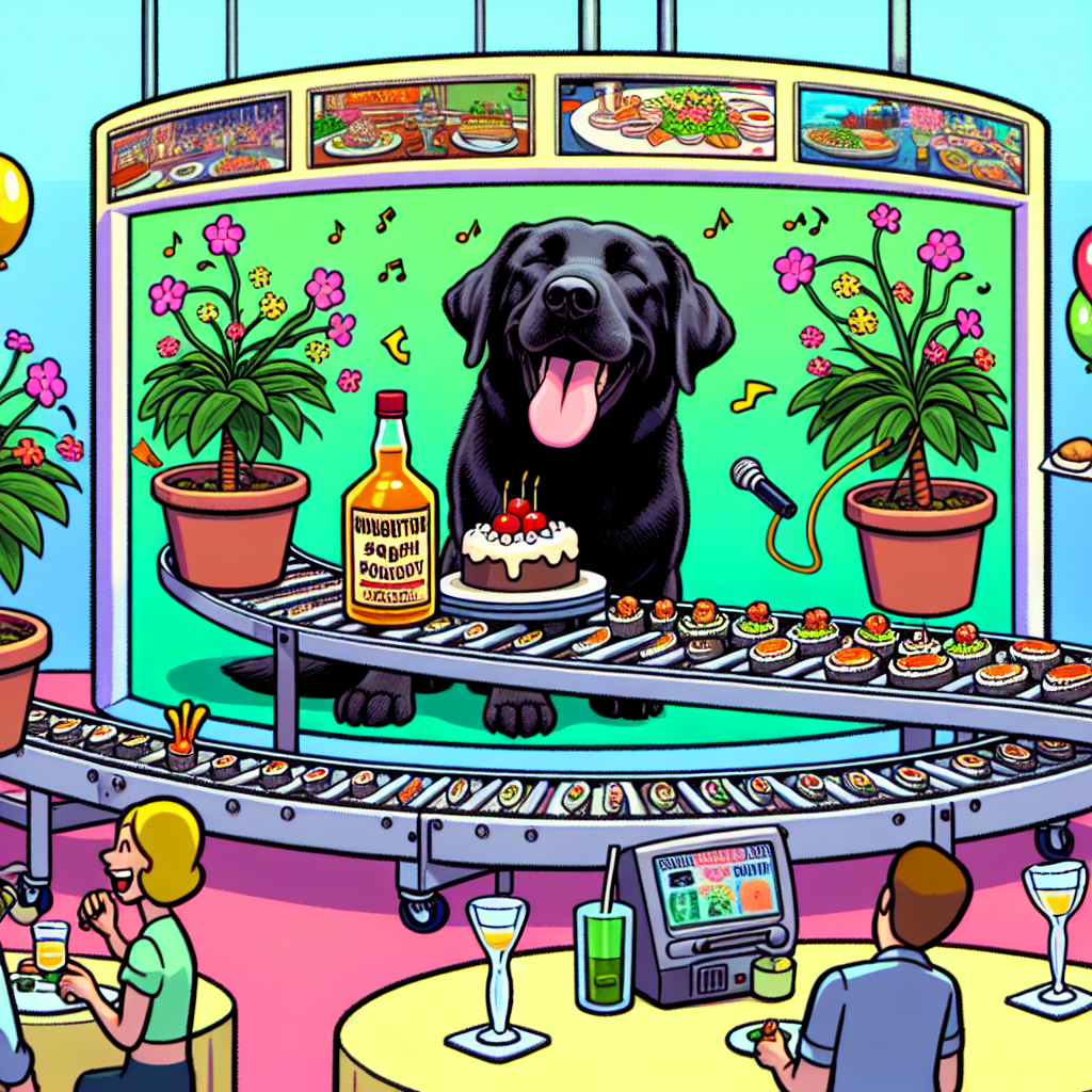 Imagine a vibrant cartoon scene that encapsulates the jubilations of a birthday party. The guest of honor in this scene is a cheerful black Labrador, gleefully seated next to a peculiar collection of potted plants sprouting from rum bottles. This arrangement results in an eccentric, yet charming ambiance. In the vicinity, a sushi conveyor belt tours the area, displaying an array of sushi delicacies for the attendees. Not too far off, a karaoke system is present, ready for party-goers to perform songs for the Labrador who is seen blissfully howling in tune.
Generated with these themes: Plants, Rum, Black Labrador, Karaoke, and Sushi.
Made with ❤️ by AI.