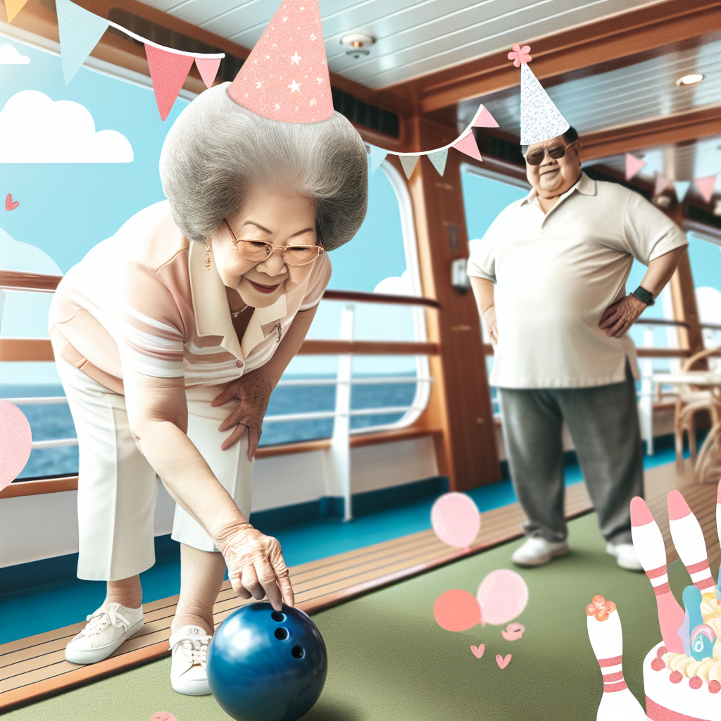 Create a vibrant image that encapsulates a fun-filled scene on a cruise ship, beautifully decorated with cute details reflecting a birthday party theme. In the foreground, capture an elderly Asian woman with a round puff of hair, completely engrossed in her lawn bowling game. Adding depth to the picture, depict a portly Hispanic man standing behind her, testament to the joyful and playful atmosphere of the leisurely cruise activities.
Generated with these themes: Old lady with puffy round hair, on a cruise playing lawn bowls, old chubby man in background.
Made with ❤️ by AI.