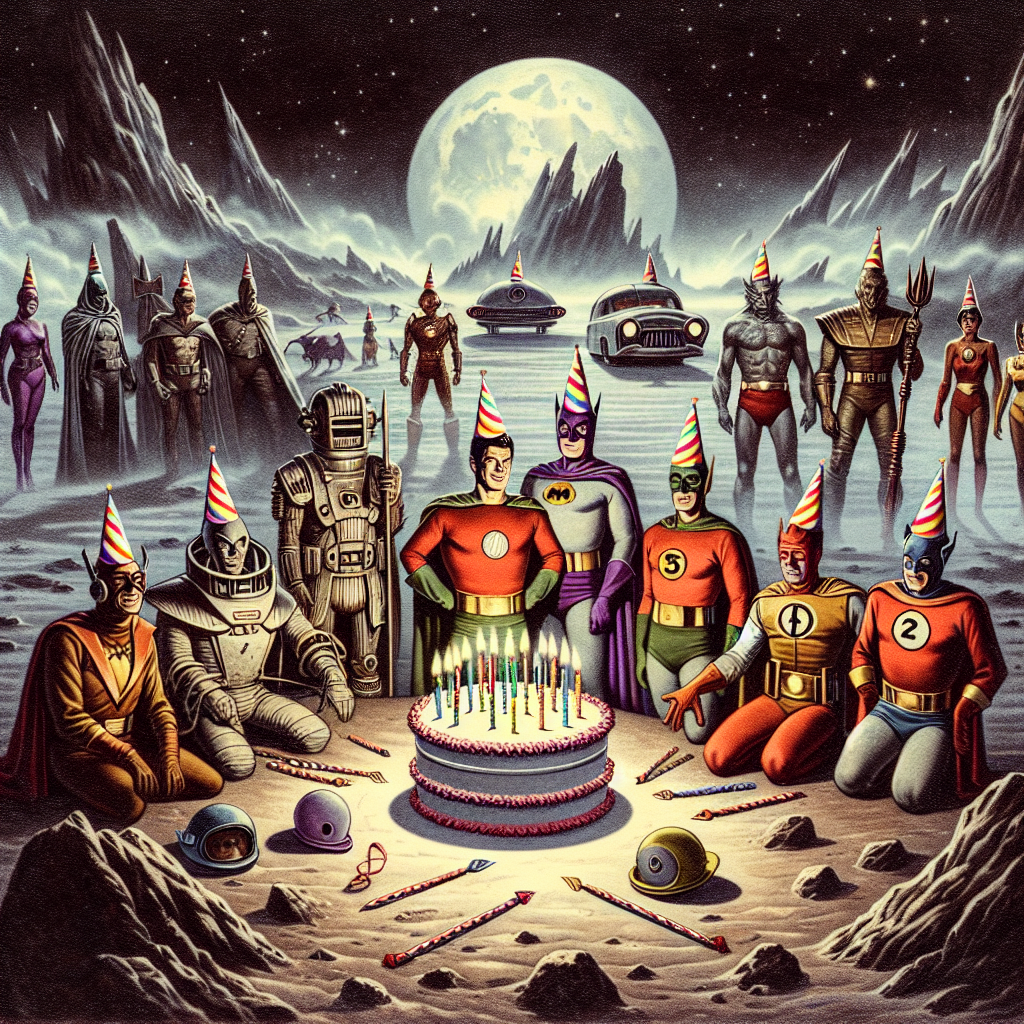 An imaginative depiction of a birthday celebration captures a group of legendary caped crusaders wearing party hats, uncomfortably amassed around a birthday cake lit with candles inside the mysterious environment of an extraterrestrial landscape. The atmosphere echoes a nostalgic humor fused with a tinge of darkness, mimicking the style of vintage 20th century comic book illustrations, giving the heroes a slightly out of place look in the unsettling and alien setting. Each of these heroes should have unique designs to avoid any copyright infringement. Furthermore, these characters should be from various descents, and a balanced mixture of genders.
Generated with these themes: The twilight zone , DC, and Steven Rhodes T-shirts .
Made with ❤️ by AI.