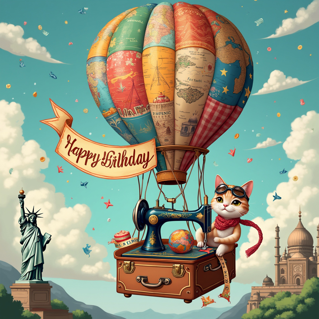 Imagine a vibrant vector illustration that perfectly merges the themes of sewing and travel into a whimsical birthday scene. Picture a lively and colorful tailor's workshop set up inside an adventurous, vintage hot air balloon, floating high above an exotic landscape.

The balloon itself is a patchwork masterpiece, made from various patterned fabrics, each square representing a different part of the world. The fabric patches include designs such as Parisian Eiffel Towers, Egyptian pyramids, Japanese cherry blossoms, and African savannas. The balloon's strings are skeins of colorful thread, intricately woven together, and spools of thread dangle from them like festive decorations.

Inside the basket of the balloon, a quirky sewing machine hums away, stitching together a birthday banner. The sewing machine is an antique Singer model, with ornate gold details and a tiny globe serving as its stitch selection dial. A stack of travel-themed fabrics rests beside it, including prints of old maps, postage stamps, and compass roses.

Next to the sewing machine, an open suitcase doubles as a sewing kit. It is filled with vibrant buttons, pins, needles, and small scissors shaped like miniature airplanes. A playful, anthropomorphic thimble wearing a tiny aviator’s cap is seen threading a needle, while a tape measure snakes around the basket's edge like a coiled snake, with the numbers printed in various languages.

On one side of the basket, an adventurous cat wearing a pilot's goggles and a scarf peers over the edge, its tail playfully wrapped around a dangling pin cushion shaped like a mini globe. The background showcases a clear blue sky with fluffy clouds, through which various landmarks like the Statue of Liberty and the Taj Mahal can be faintly seen, giving a sense of the balloon's grand world tour.

In the foreground, a banner unfurls from the sewing machine, spelling out "Happy Birthday" in colorful, stitched letters, each letter featuring a different pattern that ties back to the global theme. The scene is completed with a few celebratory elements like confetti and streamers floating around, giving the impression of a joyful birthday celebration in the sky.

The entire illustration is filled with intricate details, playful characters, and vibrant colors, ensuring that it not only captures the essence of a birthday celebration but also tells a captivating story of sewing and travel adventures.
Generated with these themes: sewing, travel.
Made with ❤️ by AI.
