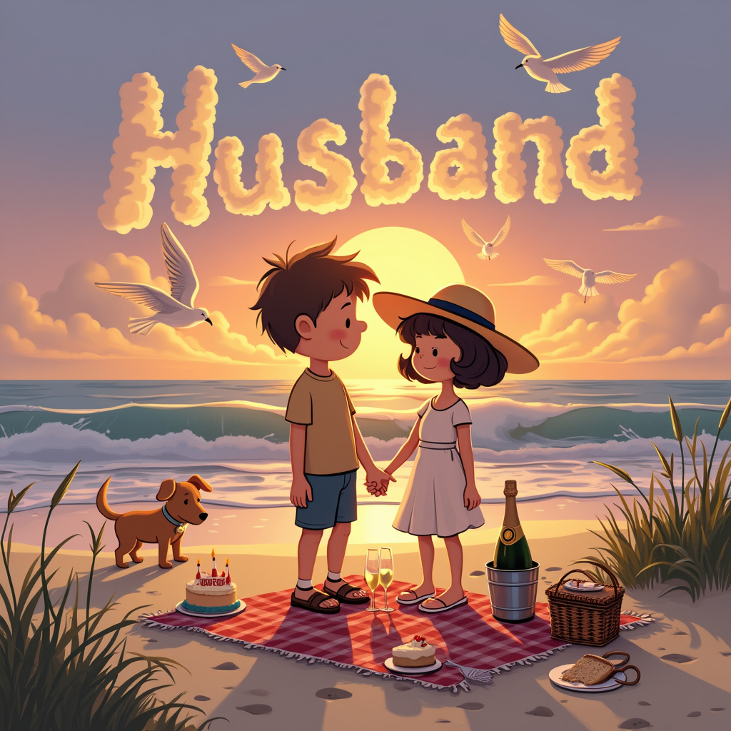 In a whimsical and charming anniversary scene inspired by the styles of Charles Schulz and Bill Watterson, we find a picturesque beach at sunset. The soft, pastel-colored sky transitions from a warm orange to a deep purple as the sun sets on the horizon, casting a golden glow over the entire scene. The waves gently lap at the shore, creating a serene and tranquil atmosphere.

In the foreground, we see a cute cartoon couple holding hands, their silhouettes outlined by the soft glow of the setting sun. The husband is depicted as a quirky, yet endearing character with a slightly mischievous grin, reminiscent of Calvin from Calvin and Hobbes. He wears a simple t-shirt and shorts, with a pair of sandals that are slightly too big for his feet. The wife, with her short bob haircut and wide-brimmed hat, has an aura of sweetness and charm, similar to Lucy from Peanuts. She wears a flowy sundress that dances in the gentle breeze, and her bare feet leave tiny imprints in the sand.

Above them, in the sky, the word "Husband" is artistically written in fluffy, white clouds, with the letters slightly varying in size and shape, giving it a playful and dreamlike quality akin to Winsor McCay's work. Seagulls fly around the cloud-letters, adding an extra touch of whimsy to the scene.

To the right of the couple, there's a small beachside picnic setup with a checkered blanket, a wicker basket, and a bottle of champagne chilling in an ice bucket. Two glasses are filled and clinked together in a celebratory toast. Nearby, a small radio plays music, and a half-eaten cake with "Happy Anniversary" written in icing sits temptingly close, with a slice already on a plate, ready to be enjoyed.

In the background, a playful dog digs a hole in the sand, its tail wagging with excitement, while a child builds a sandcastle, complete with turrets and a little flag. A pair of flip-flops and a sand bucket lie scattered around, hinting at a day full of fun and laughter.

The entire scene is framed by palm trees that lean slightly toward the couple, as if to offer their blessings, their fronds swaying gently in the breeze. A wooden signpost stuck in the sand, adorned with colorful seashells, reads "Forever & Always," adding a final touch of romance to this idyllic beach anniversary scene.

Overall, this scene combines elements of classic cartoon styles with a unique, heartfelt story, making it a perfect cover for an anniversary greeting card celebrating love and togetherness.
Generated with these themes: Beach, and Holding hands.
Made with ❤️ by AI.