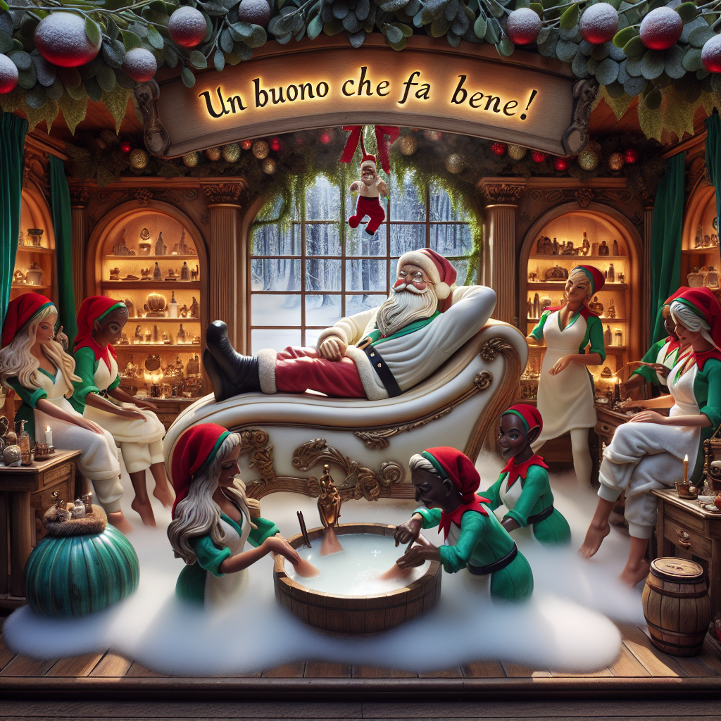 A whimsical Christmas scene unfolds where Santa Claus is gently reclining in a sumptuous luxury spa, surrounded by elves giving massages. The atmosphere is dream-like with floating mistletoe and snowflakes around. In the midst, 'un buono che fa bene!' is etched in steam on a nearby mirror, merging seamlessly with the enchanting environment.
Generated with these themes: Luxury spa and massage.
Made with ❤️ by AI.