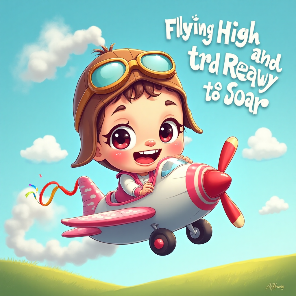 At the top of the Cartoon Style image, the text reads: "Top Baby, US Air Force"

---

The scene captures a playful, cartoonish portrayal of a baby girl as a future aviator flyer. She is wearing a tiny, adorable aviator hat complete with cute little goggles perched atop her head. The baby girl has oversized, endearing eyes and a toothless grin, exuding an infectious charm. She is sitting in a whimsical, pastel-colored toy airplane, with wings that have fluffy, white cloud patterns.

The airplane is soaring through a bright, azure sky filled with cotton candy-like clouds. Below, there are hints of a vibrant green landscape peeking through, giving a sense of adventure and boundless potential. The propeller at the front of the airplane spins energetically, adorned with colorful streamers that trail behind, adding to the lively and spirited atmosphere.

In the sky, little puffs of smoke spell out a playful message: "Flying High and Ready to Soar!" 

The colors are bold and lively, with the baby girl's attire in soft pinks and whites, and the airplane in a cheerful mix of pastel shades, reflecting an atmosphere of joy and anticipation for the bright future ahead.
Generated with these themes:  baby girl Future aviator flyer , and .
Made with ❤️ by AI.