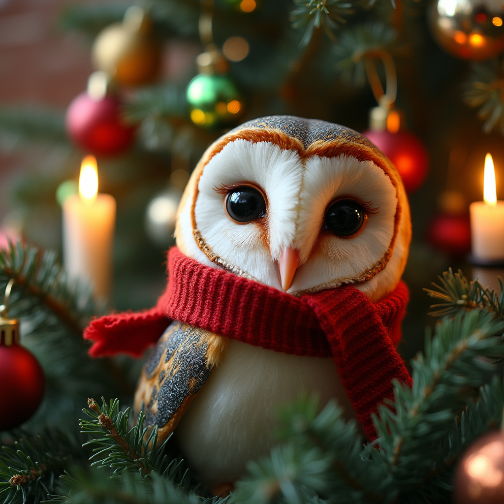 In a whimsical holiday setting, a barn owl is nestled amid colorful Christmas ornaments hanging from a fir tree. The owl, with its unique blend of white, brown, and gray feathers, stands out against the green foliage. Its big black eyes sparkle with wonder, reflecting the glow of nearby candles. A miniature red scarf is wrapped around its neck, adding a touch of warmth and cheer to the delightful scene.
.
Made with ❤️ by AI.