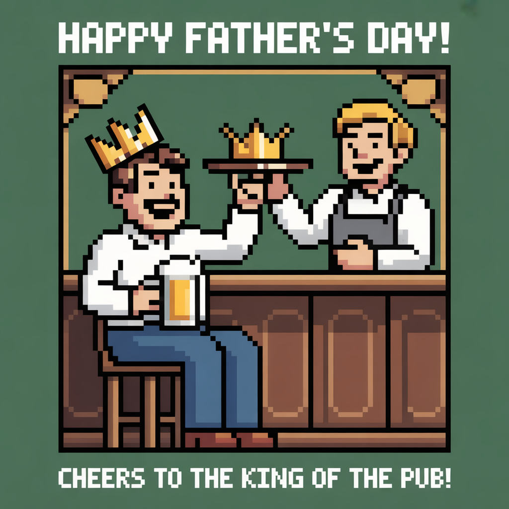 At the top of the image, "Happy Father's Day!":

At the bottom of the image, "Cheers to the king of the pub!"

- In the center of the image, create a classic pixel art scene of a pub, with a jovial father character sitting at a barstool. He holds a pixelated pint of beer in one hand, and a crown on his head that humorously tips to one side. A smiling bartender, clad in an 8-bit apron, stands behind the bar, handing over a tiny pixel crown on a tray, adding to the comedic and heartwarming atmosphere.
Generated with these themes: In the pub with a drink, and .
Made with ❤️ by AI.