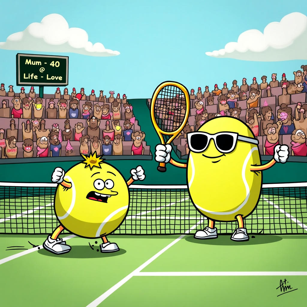 At the top of the cartoon image: "Happy Mother's Day, Mum – You've Always Had the Best Serve!"

Image Prompt:
A vibrant, cartoon-style tennis court scene with two anthropomorphic tennis balls mid-match. One tennis ball is dramatically flopping over the net like a soap opera star, clearly losing. The other, wearing glam sunglasses and a smug expression, stands tall with a golden racquet in hand, posing triumphantly like a Wimbledon champion. Behind them, a scoreboard reads: "Mum – 40, Life – Love." In the crowd, rows of flowers and chocolate boxes cheer wildly, holding little foam fingers that say "#1 Mum." Bright colors, bold outlines, and lots of expressive detail bring out the humorous, light-hearted tone.
Generated with these themes: Tennis .
Made with ❤️ by AI.