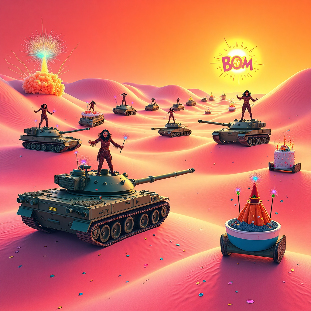 **Prompt for AI image generation:**

At the top of the abstract image, include the line:  
**"K f💥cking G, you've tanked another year like a badass desert queen!"**

Create an abstract, surreal birthday-themed composition with a humorous twist. The landscape is a vast, dreamlike desert with melting, sherbet-colored sand dunes forming wild, wavy "mountain" ranges under a blazing neon pink-orange sky. Embedded throughout the dunes are delightfully oversized tanks with confetti cannons blasting rainbow explosions into the air.

On the horizon, miniature cartoon-style explosions erupt with exaggerated “BOOM!” shapes drawn in swirling, pop-art comic bursts. A procession of glamorous Latina figures in combat boots and feather boas dance salsa atop the tanks while holding sparklers and birthday cupcakes. Some are riding absurdly shaped rockets made of flan and churros. Add a funky surreal sun in the shape of a smiling chili pepper wearing aviator shades.

Keep the image abstract, bold, colorful, with a fluid dream logic—think Dali meets a cartoon mariachi parade at a weapons testing site during a quinceañera. Overall tone is cheeky, irreverent, celebratory, and wild.
Generated with these themes: Scenic dessert mountains, Guns, Explosions, Tanks, and Latinas.
Made with ❤️ by AI.