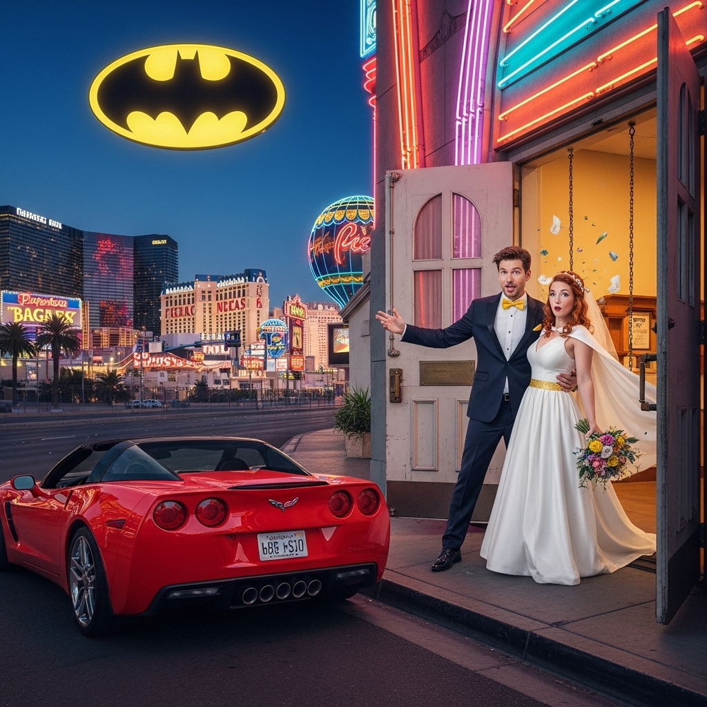 **Image Prompt:**

A lively and humorous scene unfolds on the bustling streets of Las Vegas. In the foreground, a bright red Corvette is parked haphazardly outside a quirky, neon-lit wedding chapel. The doors of the chapel swing open dramatically, revealing a newlywed couple in a playful embrace.

The groom, a brown-haired man, is decked out in a flashy tuxedo with a bright yellow bowtie, his hair slightly tousled and a mischievous grin on his face. The bride, a vibrant red-haired woman, is wearing a unique wedding dress that has a subtle cape flowing behind her, giving a nod to superhero flair. She looks radiant, with a playful twinkle in her eye and a bouquet that seems to have a mind of its own, with flowers popping out in exaggerated fashion.

Above them, a whimsical take on the Batman logo illuminates the sky, symbolizing their super-powered union. In the background, the Las Vegas skyline twinkles with life, adding to the enchanting atmosphere.

**Text Caption:**

"To the Dynamic Duo: Love Conquers All in Vegas!"
Generated with these themes: Vegas, brown haired man, red hair woman, corvette, batman, and .
Made with ❤️ by AI.