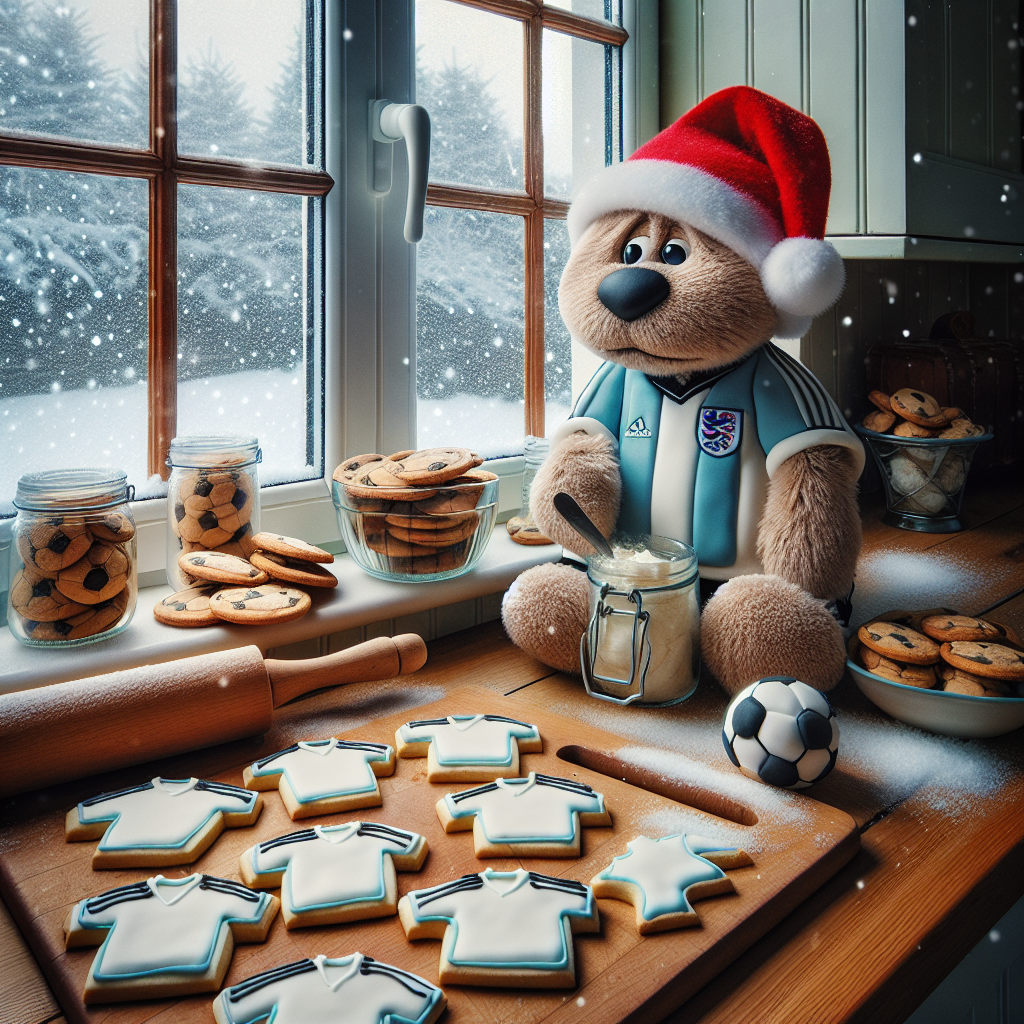 A warm, inviting Christmas kitchen scene, where cookies shaped like Manchester United jerseys are being iced. The window reveals a snowy scene, and on the sill sits a plush toy of the team mascot wearing a Santa hat, overseeing the holiday preparations.
Generated with these themes: Manchester United .
Made with ❤️ by AI.