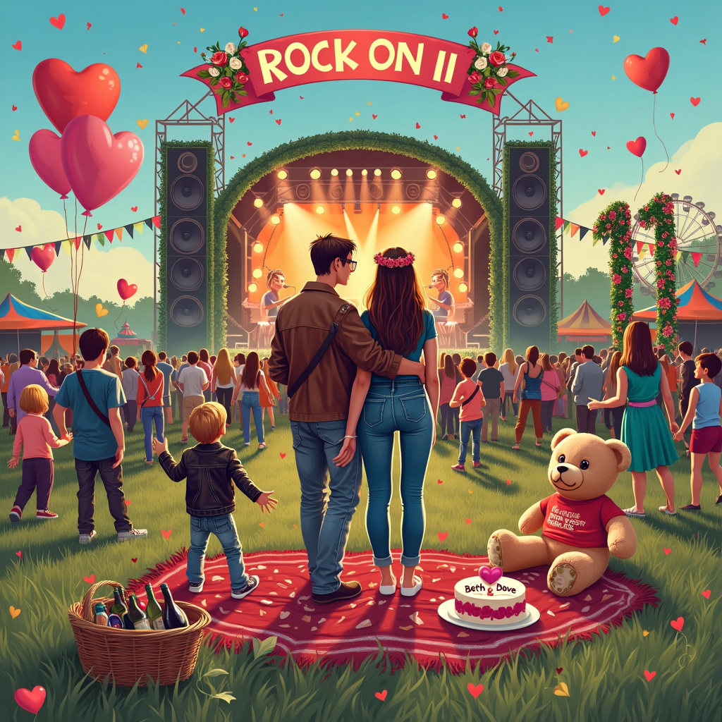 Certainly! Here’s a detailed description of the anniversary scene for Beth & Dave’s greetings card:

In the center of the scene, we have Beth and Dave standing on a grassy field that is part of a lively rock festival. They’re surrounded by colorful festival-goers, some dressed in tie-dye shirts, others in leather jackets with patches. Beth is wearing a floral crown and a bohemian dress, while Dave sports a band t-shirt and jeans. Both of them have guitars slung over their shoulders, indicating their mutual love for music.

In the background, we see a large stage with "Rock On 11" written in bold, glowing letters on a banner that stretches across the top of the stage, celebrating their 11th anniversary. Speakers and spotlights frame the stage, and a band is in mid-performance with enthusiastic crowd members waving their arms and holding lighters aloft. To the right of the stage, there’s a tall, ornate number “11” made out of intertwined roses and ivy.

At the forefront, two male children, around 8 and 6 years old, who are Beth and Dave’s sons, are having the time of their lives. The older boy is wearing a mini leather jacket and sunglasses, holding a toy guitar, pretending to rock out. The younger boy is sitting on the grass with a face painted like a rock star, clutching a big, fluffy teddy bear that has a tiny “Beth & Dave” band t-shirt on it.

Surrounding the family, love is in the air – literally! Heart-shaped balloons float above them, tied to the boys’ wrists, and small heart confetti is gently falling from the sky, mingling with the festive atmosphere. On the left side of the scene, there’s a picnic blanket with a basket, a bottle of wine, and a plate with a heart-shaped cake that has “Happy Anniversary Beth & Dave” written in icing.

In the distance, you can see a Ferris wheel, with carriages that are painted with different iconic rock album covers. There are also festival stalls selling band merchandise and food, with vibrant banners flapping in the breeze. The overall scene captures the joy, love, and rock spirit of the anniversary celebration, integrating all the elements beautifully into a harmonious, detailed visual story.
Generated with these themes: 11th , Beth & Dave, Rock festival, 2 male Children, and Love.
Made with ❤️ by AI.
