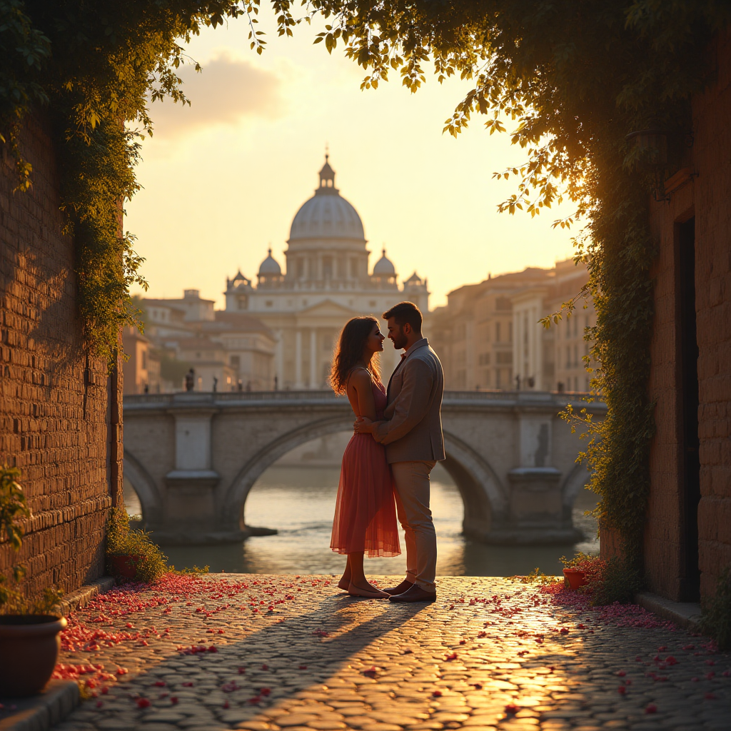 At the bottom of the Photorealistic picture taken from a camera image, "Happy 25th Anniversary xx"

---

Imagine a sun-kissed evening in Rome, where the golden hour paints everything in warm hues. In the foreground, a timeless stone bridge arches gracefully over the tranquil Tiber River. A couple, caught in a candid moment of laughter and affection, stands at the center of the bridge, their silhouettes subtly outlined by the setting sun. Behind them, the majestic dome of St. Peter's Basilica rises against a clear sky, bathed in soft, romantic light. The cobblestones are dotted with scattered petals, hinting at a trail of a surprise anniversary stroll. In the distance, charming Roman buildings with cascading greenery add depth and authenticity to the scene, creating an enchanting and intimate atmosphere, perfect for celebrating love in the eternal city.
Generated with these themes: Rome, and .
Made with ❤️ by AI.
