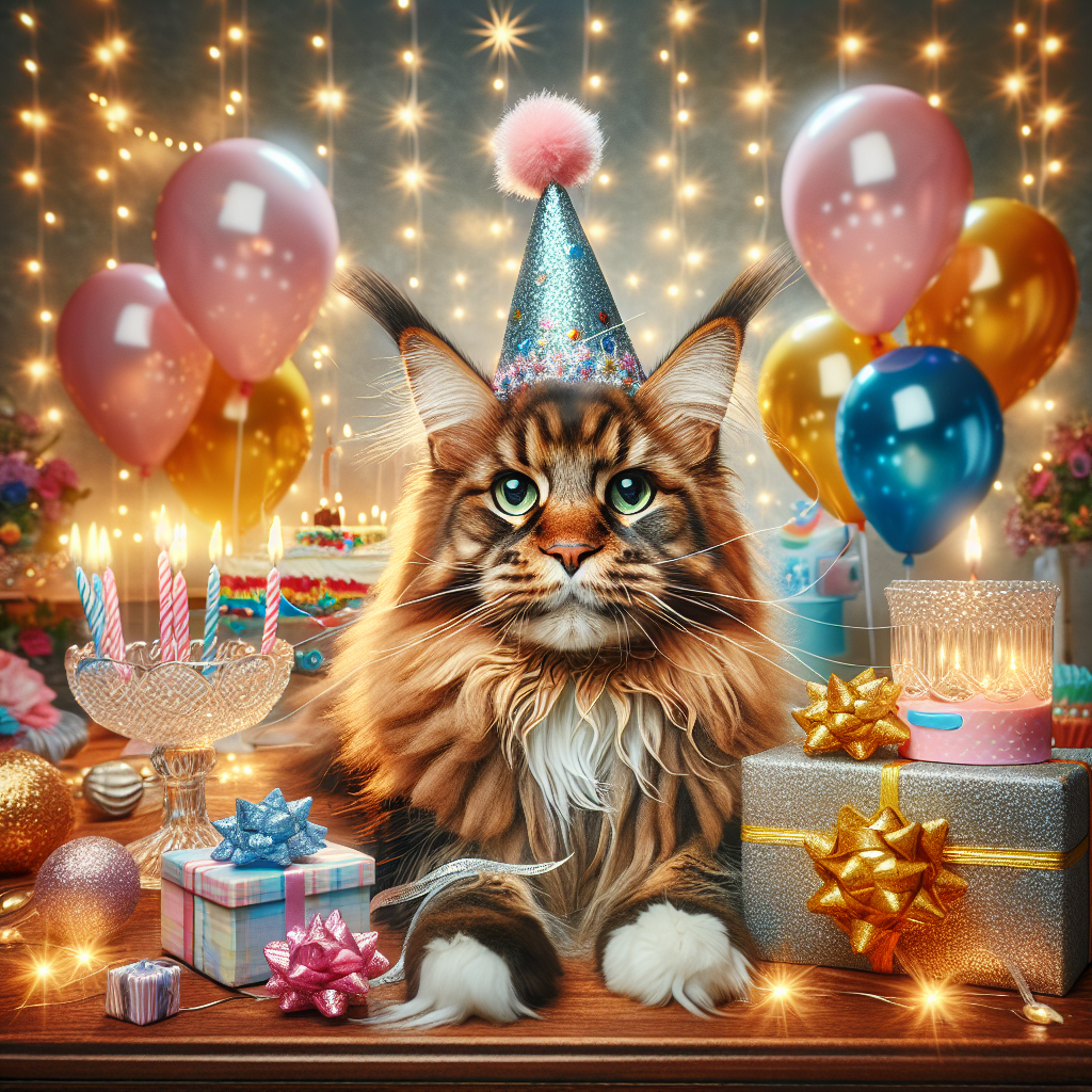 Visualize a delightful birthday party scenario with a plush Maine Coon cat being the center of attraction. The cat, showcasing its brown tabby fur, bathes under the glistening festive lights while its sparkling green eyes express nothing but sheer joy. Around it, you may see decorative elements like birthday hats, balloons, and an elegantly wrapped present offering a vibrant contrast. The overall ambiance reflects a blend of a playful cartoon theme with the adult cat's ordinary size giving a hint of realness to the otherwise fanciful milieu.
.
Made with ❤️ by AI.