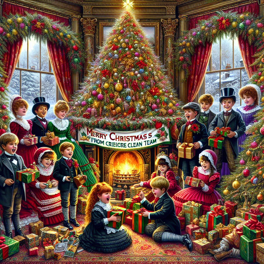 Photo-like illustration of a nostalgic Victorian Christmas scene where children from Crewe Clean Team are joyously opening their gifts under a grand Christmas tree, and a 'Merry Christmas from Crewe Clean Team' ribbon is hanging above the fireplace.
Generated with these interests: Victorian Christmas scene, Children playing, and "Merry Christmas from Crewe Clean Team" ribbon.
Made with ❤️ by AI.