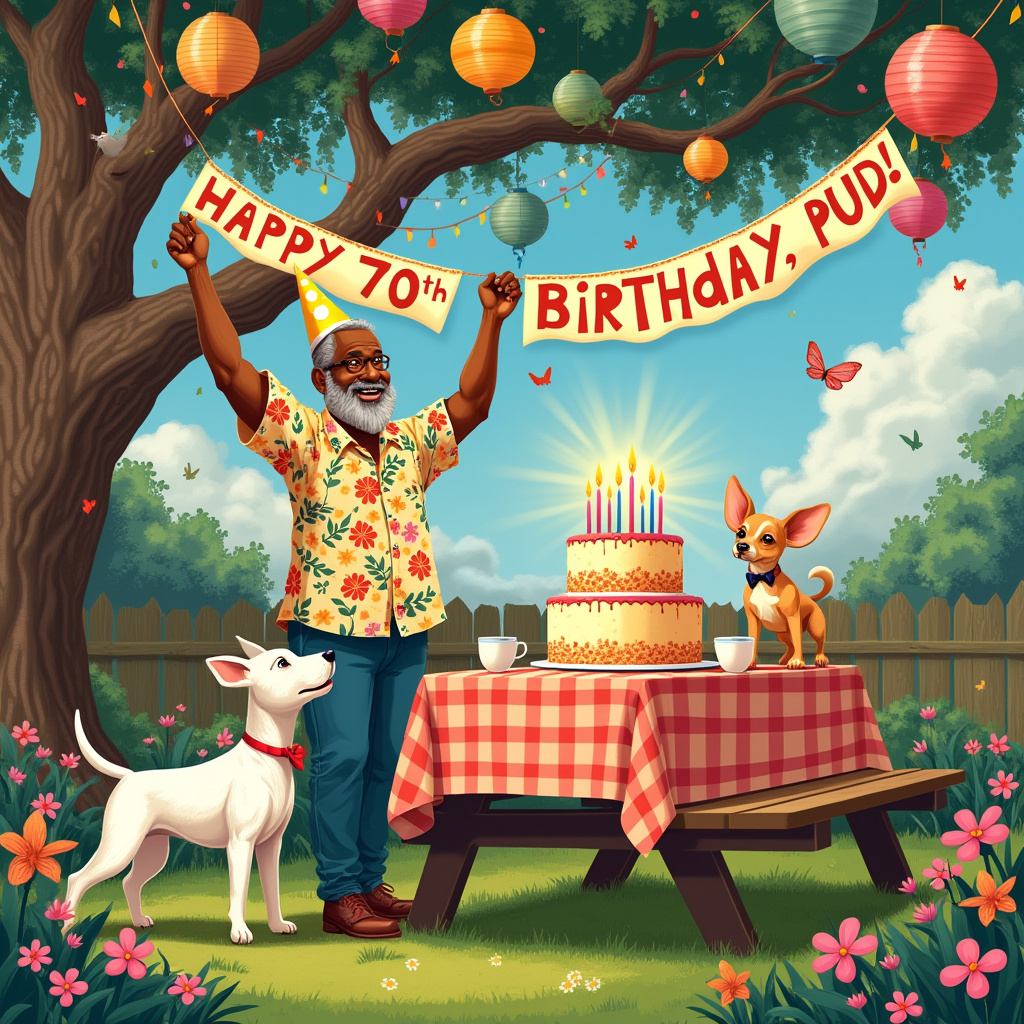 The birthday card illustration is set in a whimsical backyard garden that exudes a sense of playful celebration. At the forefront, a jolly Black man with a distinguished gray beard, representing the 70-year-old husband, is joyfully holding up a colorful party banner that spells out "Happy 70th Birthday, Pud!" in bold, playful letters. He's wearing a bright, patterned party hat and a Hawaiian shirt bursting with vibrant hues reminiscent of a Quentin Blake illustration. Beside him, a mischievous white English Bull Terrier stands on its hind legs, reaching for the end of the banner with its nose. Its muscular build and characteristic egg-shaped head are playfully exaggerated in a style that nods to Beatrix Potter's beloved animal characters.

Sitting atop a picnic table covered in a red-and-white checkered cloth is a three-tiered birthday cake, topped with seventy small, flickering candles that cast a warm glow. The cake is surrounded by an assortment of quirky teacups, hinting at an English tea party influence. Standing proudly next to the cake is a tiny, tan Chihuahua with oversized ears and an expression of canine exuberance. Its collar is adorned with a tiny bowtie that matches the husband's shirt.

In the background, an old oak tree spreads its leafy branches, from which strings of multicolored paper lanterns hang, casting a gentle light. Above, a sky painted in Maxfield Parrish's trademark luminous blues hosts fluffy clouds that subtly form the word "Pud" as they float by. Around the scene, delicate details like butterflies fluttering amidst flowers, and a small garden gnome peeking from behind a flower pot add a touch of whimsy, inspired by Maurice Sendak's fantastical elements. The scene is rich with the charm of a Norman Rockwell celebration, capturing the essence of a joyous 70th birthday filled with love and laughter.
Generated with these themes: Back man as husband , White english bull terrier , Tan chihuahua , and Age 70.
Made with ❤️ by AI.