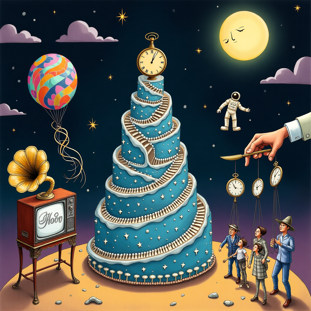 The front cover of the greeting card features an intricately detailed, hand-drawn surreal scene reminiscent of Rod Serling's "Twilight Zone," intertwining birthday whimsy with otherworldly elements.

**Foreground Elements:**
- At the center, a large, spiraling birthday cake that defies gravity, tiered like a mystical tower. Each tier has an optical illusion design, swirling with Escher-like stairs and impossible shapes. The cake is frosted in a deep, cosmic blue with shimmering silver stars embedded in the icing.
- Perched atop the cake is a golden clock with no hands, slightly melting in a nod to Dali, signifying timelessness.
- In front of the cake, a vintage television set on elegant, spindly legs plays a black-and-white scene from the 1960s. The screen flickers with an image of a floating astronaut reaching out towards a gigantic balloon labeled "John" in a retro, serif font.

**Midground Elements:**
- On the left, a vintage gramophone with a horn like a swirling galaxy emits colorful, flowing musical notes that drift and twist into the air, transforming into colorful balloons that float upwards.
- To the right, a group of marionette-like characters, with exaggerated features and intricate, Rococo-style clothing, engage in a peculiar dance. Their strings are held by a silhouetted hand emerging from a cloud.

**Background Elements:**
- The backdrop is a star-filled night sky, echoing Maxfield Parrish’s luminescent color palette, with deep purples and blues melting into the horizon.
- Suspended in the sky, floating pocket watches with ornately detailed faces hover, each marked with Roman numerals, akin to Aubrey Beardsley's detailed line work.
- Among the stars, faintly visible are whimsical clouds shaped like twisting, fantastical beasts, an homage to Arthur Rackham's imaginative creatures.
- A small crescent moon in the upper corner has a face reminiscent of Edward Gorey's characters, gazing down serenely upon the scene.

**Additional Details:**
- Tiny, Beatrix Potter-like woodland creatures, dressed in miniature Victorian attire, peek curiously from beneath oversized mushrooms that speckle the foreground.
- The border of the card features delicate filigree inspired by Gustave Doré, with intricate lines and flourishes that frame the fantastical scene.

This surreal birthday tableau, blending the nostalgic whimsy of Rockwell and Potter with the eerie intrigue of Serling, invites the recipient into a celebration that transcends the ordinary.
Generated with these themes: rod Serling twilight zone.
Made with ❤️ by AI.