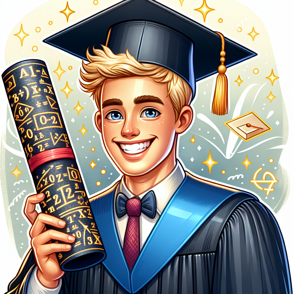 Create a vibrant cartoon illustration depicting a joyful scene. It features a young Caucasian male with blonde hair. He is wearing a graduation cap and gown, and holds a diploma in his hand. The diploma is richly adorned with multiple mathematical symbols etched on its surface, indicating his completion of a mathematics degree. His broad, contagious smile reflects his satisfaction and the twinkle in his blue eyes emphasizes his excitement. This illustration serves as a warm congratulation message for his splendid academic achievement.
Generated with these themes: Young blonde, happy man graduating with a maths degree.
Made with ❤️ by AI.