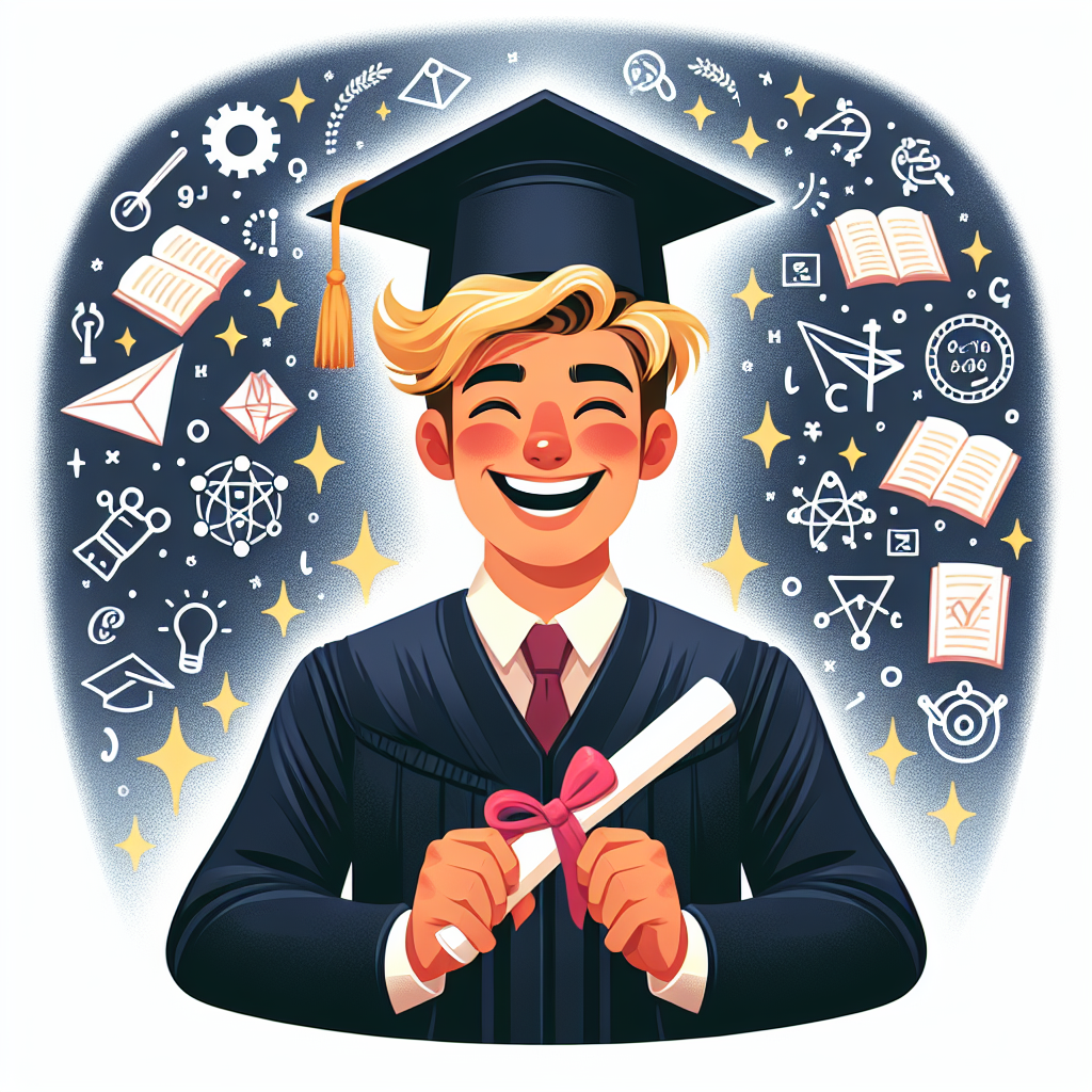 Create an uplifting cartoon illustration capturing the moment of success for a young Caucasian man with blonde hair. He is seen wearing traditional graduation attire and his face glows with an infectious joy. Held in his hands is a degree, distinguished by various mathematical symbols and icons, suggesting his notable accomplishments in the field of mathematics. The overall image should evoke and celebrate his academic triumph.
Generated with these themes: Young blonde, happy man graduating with a maths degree.
Made with ❤️ by AI.