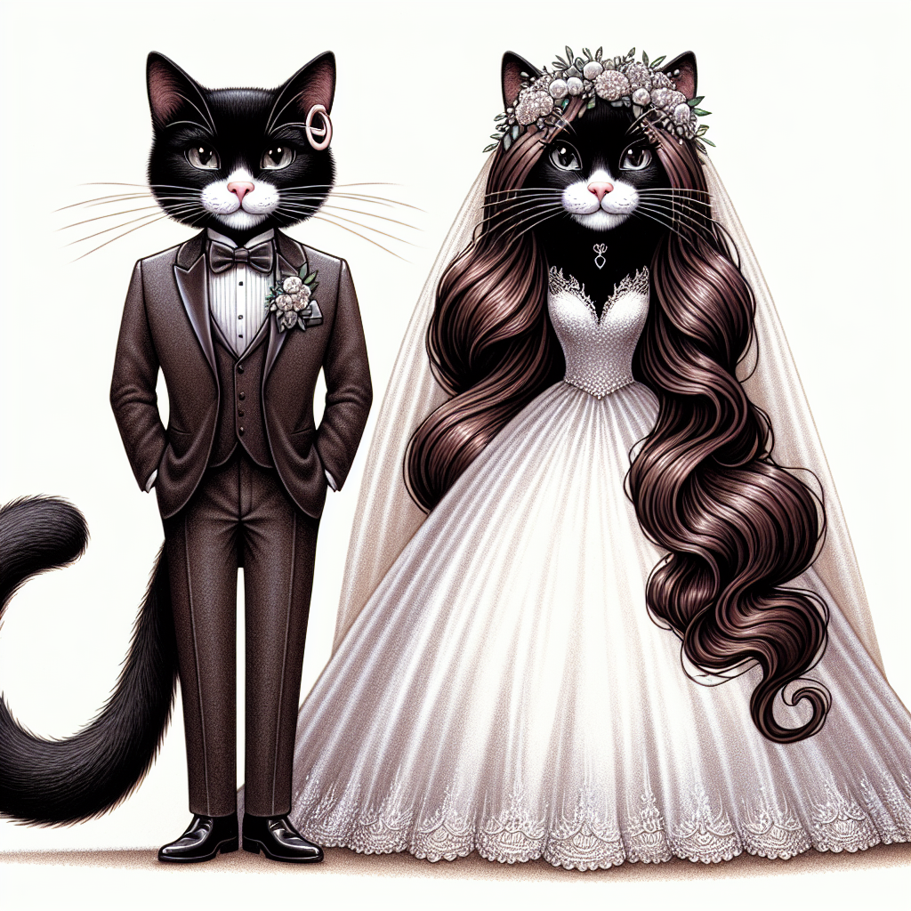 Create an enchanting wedding-themed illustration featuring a pair of black cats, each uniquely characterized by white noses. The groom cat, styled with a modern touch, carries a notable air of sophistication in his sharp tuxedo and a standout flesh tunnel earring. Standing parallel to him is the bride cat, exuding an ethereal charm in her immaculate wedding gown. She is further adorned with a long, luxuriant brown wig that gracefully cascades down her back. The magical moment is perfectly encapsulated as their noses sweetly touch, signifying a charming representation of wedded bliss.
Generated with these themes: Male black cat with white nose, tux and one flesh tunnel earring, Female black cat with white nose, wedding dress, brown long wig, and Kissing.
Made with ❤️ by AI.