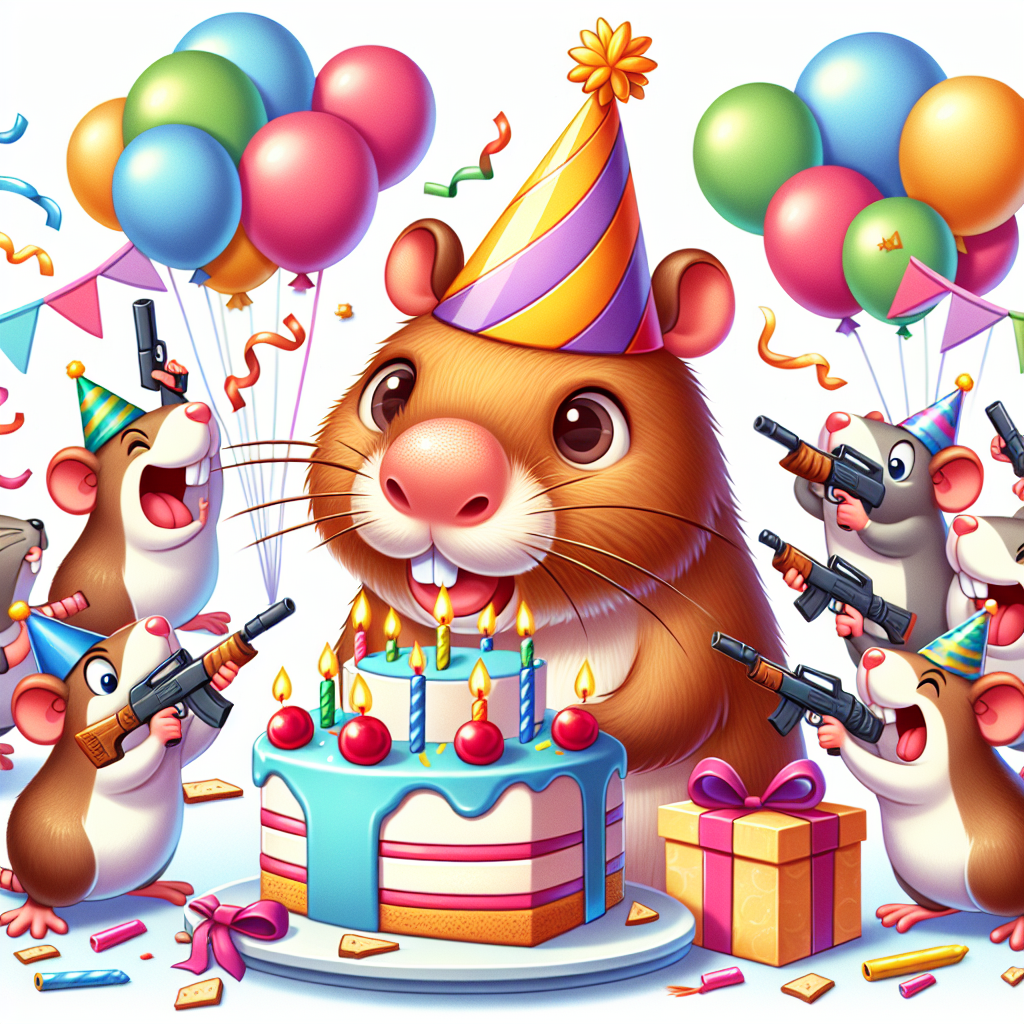 A playful cartoon birthday scene comes alive, featuring a joyous capybara wearing a vibrant party hat. Surrounding it, a group of lively cartoon rats participate in a friendly skirmish, holding miniature toy guns as they take cover behind pieces of cake and gift-wrapped presents, turning the party into their delightful battleground. Birthday balloons and streamers add to the frenzied merriment, encapsulating the spirit of a fun, theme-centered birthday celebration.
Generated with these themes: Capybara, rats, nerf guns.
Made with ❤️ by AI.