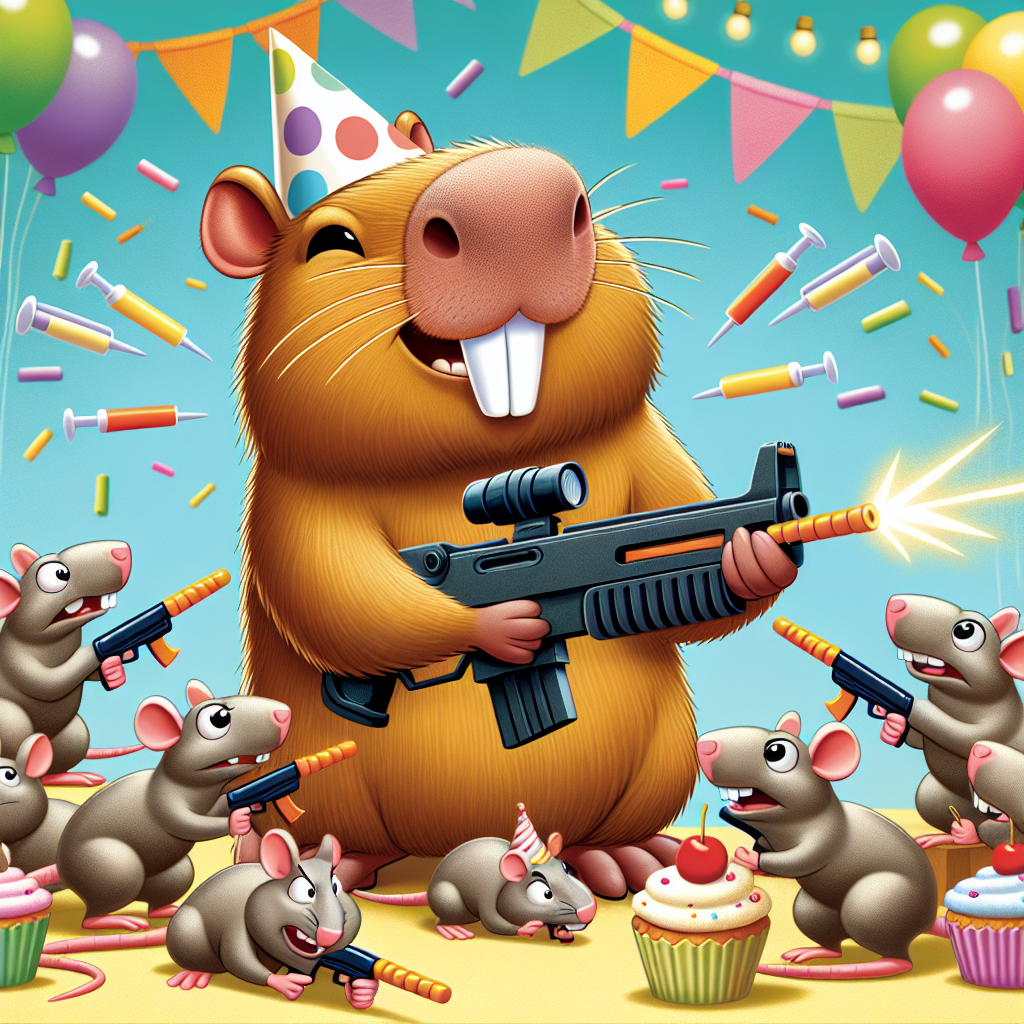 Create a highly animated scene featuring a capybara, the star of a birthday party. The capybara is wearing a festive party hat and is displaying a playful grin. Cartoon rats, each armed with miniature foam dart guns, are scattered throughout the scene. These rats are taking cover behind various party decorations and frosted cupcakes as they engage in light-hearted play. The atmosphere of the scene is one of vibrant laughter and cheerful chaos as this unusual 'combat' with foam dart guns forms the exciting highlight of the capybara's birthday celebration.
Generated with these themes: Capybara, rats, nerf guns.
Made with ❤️ by AI.