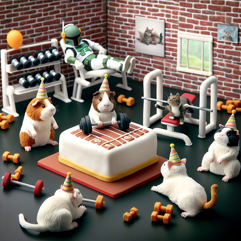 Create an amusing and realistic scene of a birthday celebration featuring lively guinea pigs wearing party hats fashioned off of popular space-fantasy film helmets. Scattered across the room are cats comfortably resting in a pretend gym, swatting at swinging toy dumbbells designed to mimic weight training. The centerpiece of the party is a cake cleverly constructed out of toy bricks, masterfully stacked to represent a gym. The gym is bustling with tiny fondant guinea pigs and cats, each engaged in different forms of weightlifting with barbells.
Generated with these themes: Star wars. Guinea pigs. Cats. Gym. Weight training. Lego.
Made with ❤️ by AI.