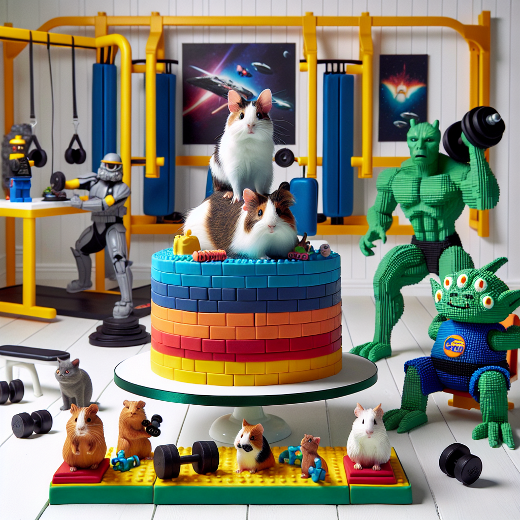 Visualize a birthday party with a fun twist where characters from a popular space opera franchise intermingle with guinea pigs and cats. The room is decorated like a gym, with toy-brick-built exercise stations where tiny cats are playacting weight training. In one corner, a guinea pig in a saged alien costume rides atop a cat, as if training its mind powers, while the cake is designed like a bright, edible gym, featuring toy-brick weights for a dose of humor.
Generated with these themes: Star wars. Guinea pigs. Cats. Gym. Weight training. Lego.
Made with ❤️ by AI.