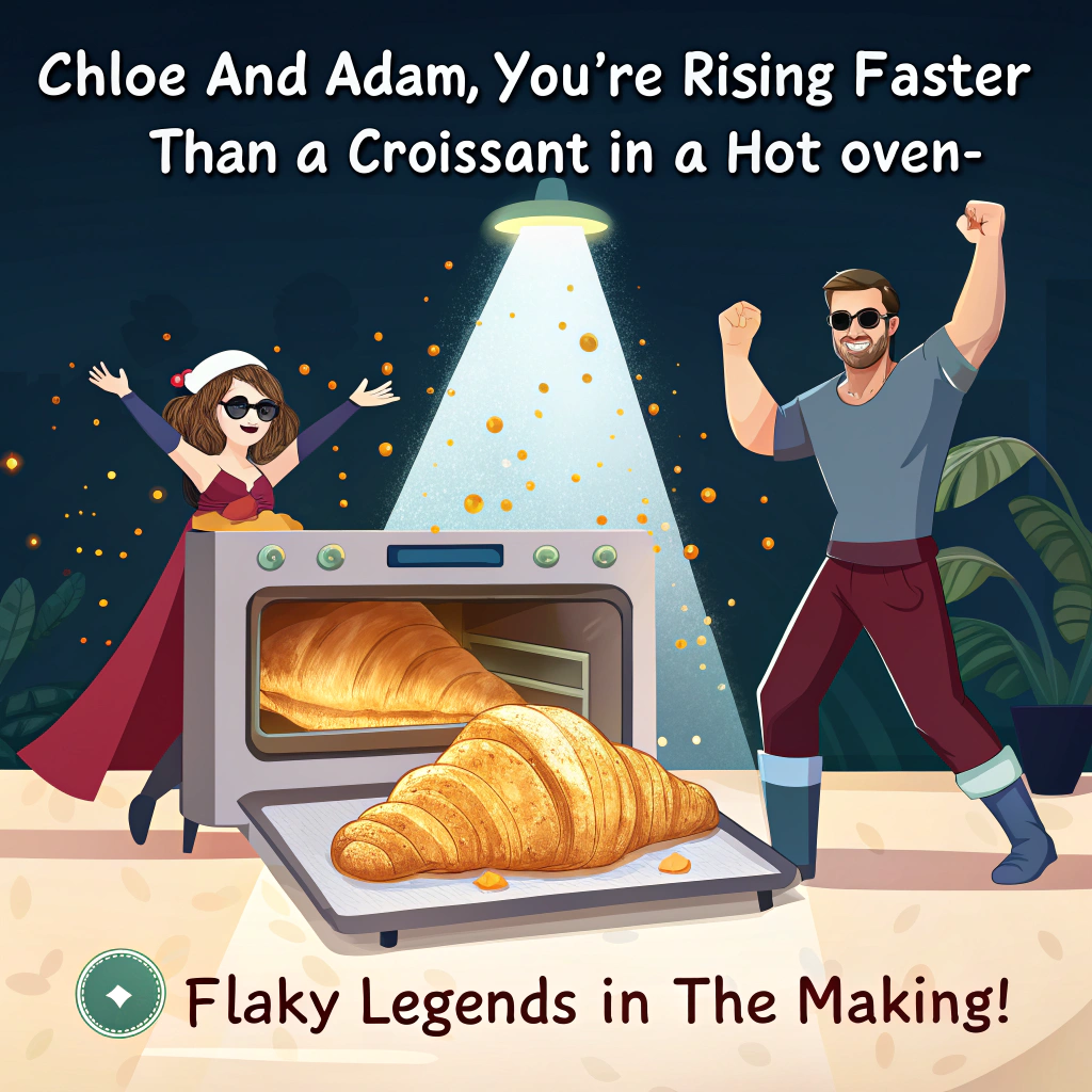 At the top of the image, "Chloe and Adam, you're rising faster than a croissant in a hot oven—flaky legends in the making!"

- Illustrate a playful vector-style scene featuring an oversized golden-brown croissant in a comically dramatic oven, wearing sunglasses and striking a heroic pose under a spotlight, with confetti popping in the background. A tiny oven mitt claps proudly nearby.
Generated with these themes: A croissant in an oven .
Made with ❤️ by AI.
