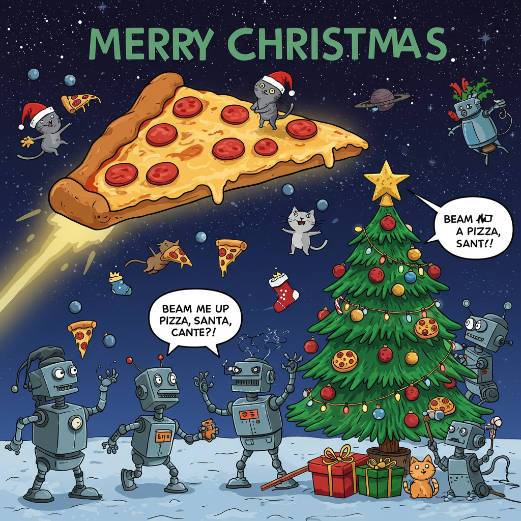 Flying saucer, pizza, cats, robots, and Christmas Card