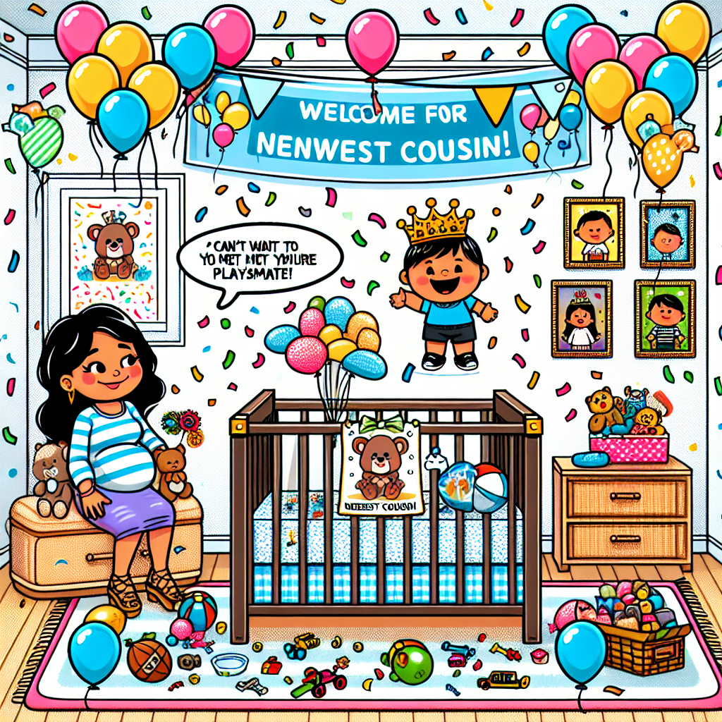 Create an image in a cartoon style showing a bedroom full of balloons, confetti raining from above, and a crib in the center filled with toys. The crib should contain a happy male baby wearing a tiny crown, with a tag that reads 'Newest Cousin.' Off to the side, illustrate a proud Hispanic pregnant woman with a speech bubble that says, 'Waiting for playmate!' The walls should be adorned with fun drawings of family members, with speech bubbles exclaiming 'Welcome!' and 'Can't wait to meet you!' All elements combined create a lively celebration for the coming of the new baby.
Generated with these themes: Baby boy, Baby is a cousin, and Pregnant.
Made with ❤️ by AI.