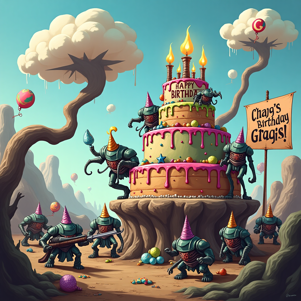 The scene unfolds on a vibrant, whimsical battlefield reminiscent of a playful Warhammer universe, where the Tyranid creatures have gathered for a raucous birthday celebration. Instead of their usual menacing demeanor, these Tyranids are sporting party hats of varying colors and sizes atop their carapaced heads, and their usual weapons have been swapped out for oversized, comically decorated birthday props—like a squiggly, giant candle that one Tyranid precariously balances on its head. The centerpiece of this amusing scene is a colossal, multi-layered birthday cake perched on an alien rock formation, with gooey icing dripping down its sides and decorative, edible Tyranid figures marching along its tiers. Atop the cake, flickering with flames, are candles that spell out "Happy Birthday Craig!" in a mix of cheerful colors. In the sky above, fluffy clouds form a playful parade of cartoonish Tyranid shapes, with one particularly mischievous cloud wearing a party hat and holding a balloon shaped like the letter 'C'. On the ground, smaller Tyranid critters are seen playing a game of pin-the-tail-on-the-space-marine, with a comically exaggerated space marine poster pinned to a gnarly tree. Off to one side, a Tyranid holds a banner that reads "Craig's Warhammer Birthday Bash!" in bold, animated lettering. The entire scene is set against a backdrop of a cartoonishly exaggerated alien landscape with oversized, colorful fungi and twisted, spiraling trees, bringing a blend of fantasy and festivity to Craig's special day.
Generated with these themes: Warhammer Tyranid .
Made with ❤️ by AI.