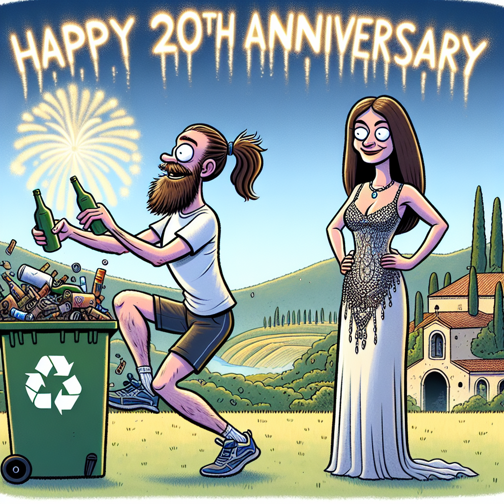 Design a whimsical, light-hearted anniversary cartoon where a bearded Caucasian man with a ponytail, from England, is humorously partaking in an act of recycling. Next to him stands a Caucasian woman also from England, her hair is long and brown. She's stylishly dressed in an embellished gown with high-heeled shoes. The scenery around them resembles a serene yet lively Italian landscape. An illuminating sky overhead boldly displays the words 'Happy 20th Anniversary' in lettering that resembles the grandeur of a fireworks display. Amidst the joyous occasion, subtle elements of yoga can be noticed, possibly in the man's funny attempts to integrate it into his recycling activity and the woman's tranquil stance that exudes harmony and joy.
Generated with these themes: Yoga, Happy 20th anniversary written as fireworks in the background, Italy, English white man with beard and ponytail doing recycling, and English white woman with long brown hair and wearing high heels and dress.
Made with ❤️ by AI.