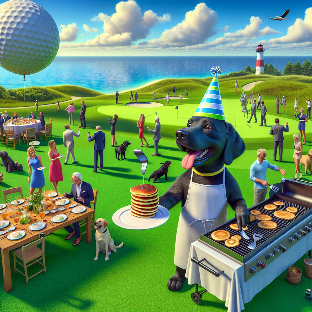 Imagine a vivid golf course by the seaside. This green oasis is vibrant with life, where a cheerful black Labrador dog wearing a birthday hat is unexpectedly flipping a pancake on a barbecue grill. Participants depicted as non-specific animated characters cluster around in anticipation; a few are holding plates in readiness for the upcoming banquet. In the backdrop, a massive balloon bearing close resemblance to a golf ball is swaying near a far-off lighthouse. The ambiance radiates pure joy as an open invitation to partake in the outdoor dining experience on the golf course is shared amongst the attendees.
Generated with these themes: Golf, Cooking, Black labrador, Ocean, and Eating out.
Made with ❤️ by AI.