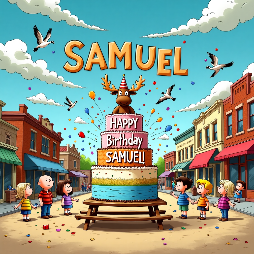 In the bustling small town of Kindersley, Canada, a quirky birthday scene unfolds under the vibrant hues of the prairie sky. Imagine a whimsical setting inspired by a fusion of Charles Schulz's Peanuts and Bill Watterson's Calvin and Hobbes. The scene captures the town square, with its quaint brick buildings adorned with colorful bunting. In the center, a larger-than-life cake stands on a picnic table, each tier iced to resemble a section of the town's iconic landscape: golden wheat fields, rustic barns, and the serene Kindersley Reservoir. Perched on top, a cheeky cartoon moose wears a party hat, its antlers serving as candle holders. The cake features a chocolate layer spelling out "Happy Birthday Samuel!" in swirly frosting, prominently displayed for all to see.

A group of animated characters, each with exaggerated expressions, gathers around the cake. Inspired by the energetic playfulness of Calvin and Hobbes, children leap in mid-air, tossing colorful confetti that appears to float like snowflakes. Meanwhile, adults in the style of Gary Larson's The Far Side, don humorously exaggerated Canadian attire, such as plaid shirts and oversized boots, offering a humorous take on rural fashion.

Above, the sky is a canvas reminiscent of Winsor McCay's dreamscapes. Puffy, friendly clouds form letters that spell out "SAMUEL" in a playful, swirling script, as if the wind itself decided to join the celebration. Nearby, a curious flock of geese, depicted with the classic mischievous charm of Walt Disney characters, flies in a perfect V-formation, some with balloons tied to their feet.

The scene is brimming with vibrant colors and dynamic lines, capturing a moment of joy and community spirit, with every element interwoven to tell a unique birthday story set in the heart of Kindersley, making Samuel the star of this picturesque celebration.
Generated with these themes: Kindersley, Canada.
Made with ❤️ by AI.