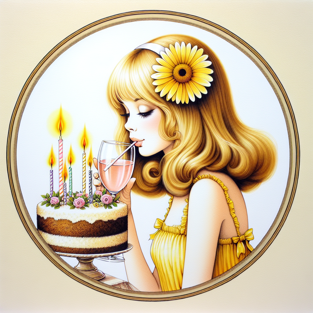 An illustrative depiction of a birthday celebration wherein a Caucasian girl with shoulder-length blonde hair adorned with a headband featuring a yellow daisy is the central figure. She is elegantly dressed in a cheerful yellow frock that radiates joy and is delicately sipping from a glass of Rosé. At the center of the tableau is a birthday cake with lit candles, inviting a joyous moment of merriment and an anticipation of a celebratory wish.
Generated with these themes: Girl with blonde shoulder length hair, Yellow Daisy head band, Yellow dress, Glass of Rose, and Birthday cake.
Made with ❤️ by AI.