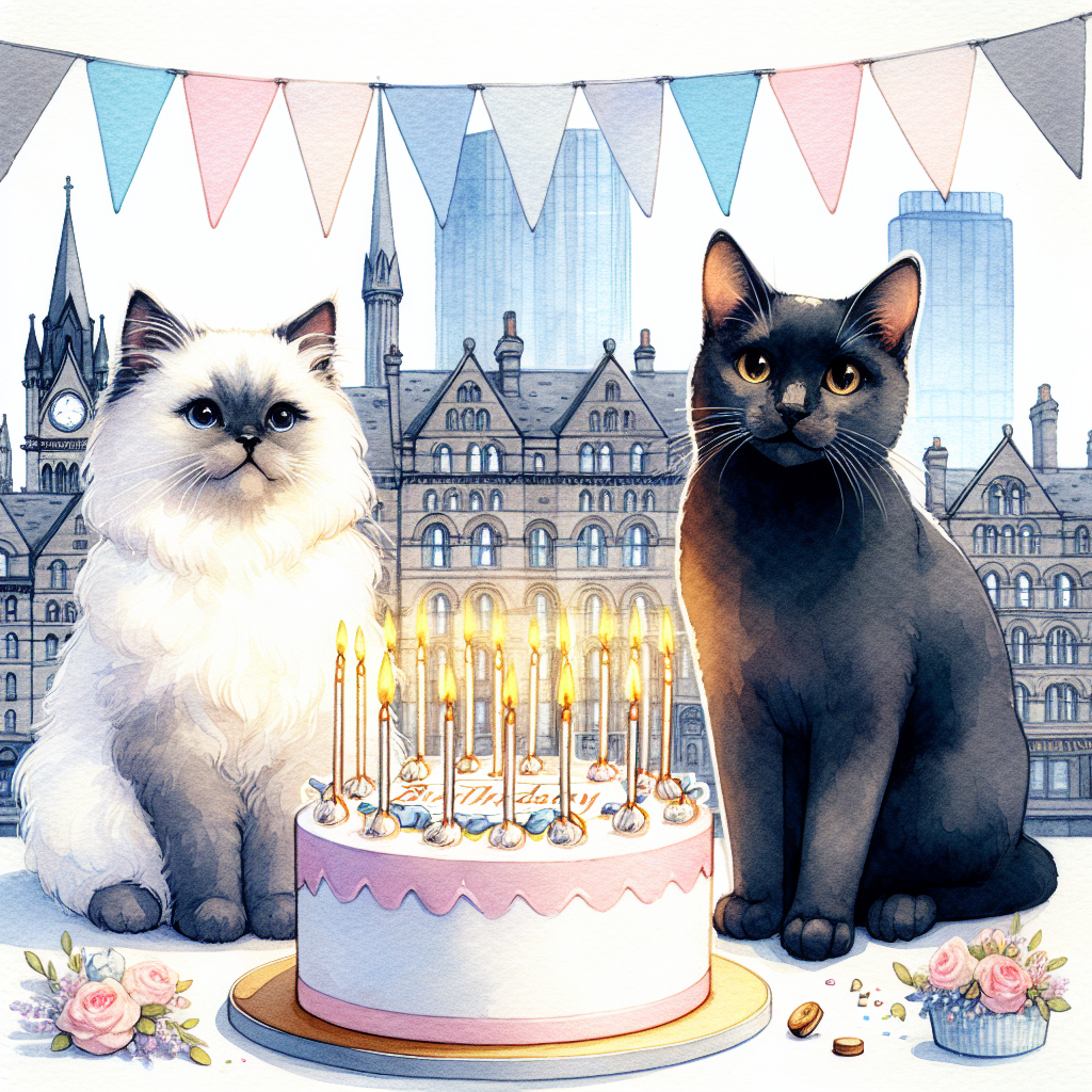 Render an endearing birthday scene that is heightened with a cozy ambiance. Let it include a fluffy white cat and a sleek black cat sitting in harmony, side by side, in front of a visually pleasing birthday cake topped with glowing candles. The cake should be placed on a table adorned with festive bunting. Add the distinctive and identifiable skyline of Manchester in the backdrop with iconic architectural structures of the city. Let all the elements be rendered in a soft, pastel-hued watercolor style, contributing to the overall sweetness of this artistic illustration.
Generated with these themes: Black cat, Fluffy white cat, and Manchester.
Made with ❤️ by AI.