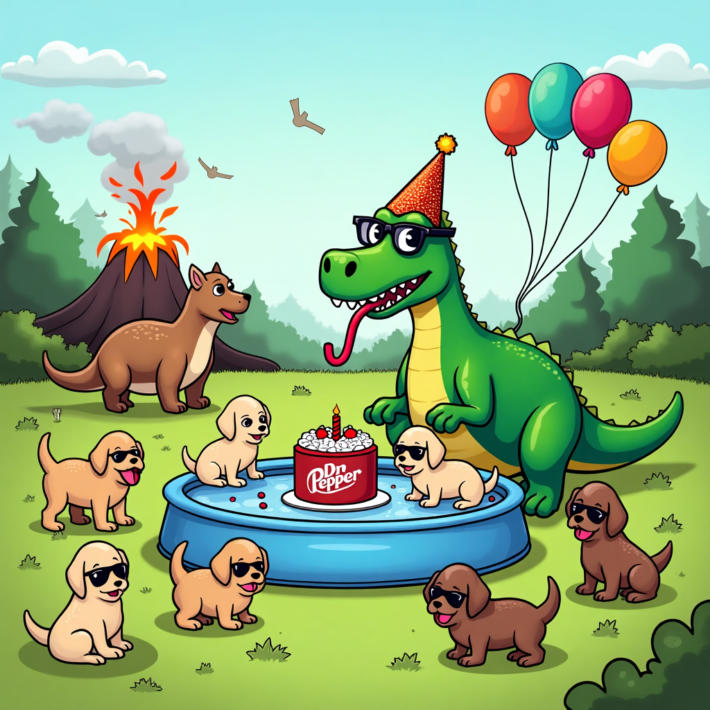 **Prompt:**  
At the top of the cartoon image, *Happy DINO-birthday Emma, now go roar with puppies and Dr Pepper!*

Cartoon image of a bright and playful prehistoric scene with a party going on in a grassy clearing. In the center, a giant green T-Rex wearing a sparkly party hat is sitting in a kiddie pool full of Dr Pepper instead of water, sipping through a massive curly straw. Surrounding the dino are a bunch of adorable puppies—golden retrievers, pugs, dachshunds—all wearing little sunglasses and dinosaur tails. One puppy is riding on a triceratops like it’s a pony. There’s a volcano cake erupting frosting in the background and balloons shaped like bones, cans of Dr Pepper, and dinosaurs floating in the sky. The whole scene has vibrant, exaggerated cartoon energy, like something straight from a chaotic Saturday morning cartoon.
Generated with these themes: Dinosaur , Dr Pepper , and Puppies.
Made with ❤️ by AI.
