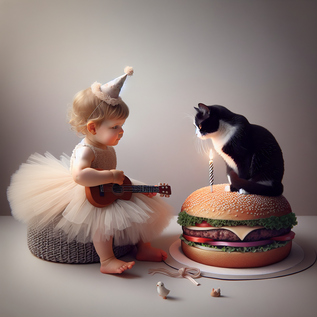 Create an image of an enchanting birthday scene with a Caucasian baby girl and a black and white cat sitting comfortably together. The baby girl, dressed in a fluffy tutu, is tenderly strumming a toy guitar while lovingly looking at the cat. The scene is crafted with a minimalistic backdrop using soft shades to create a calm and celebratory atmosphere. In the foreground, visualize a meticulously drawn burger that serves as an unconventional birthday cake, featuring a lit candle that sticks out from its sesame seed bun.
Generated with these themes: Black and white cat, Baby girl, Guitar, and Burger .
Made with ❤️ by AI.