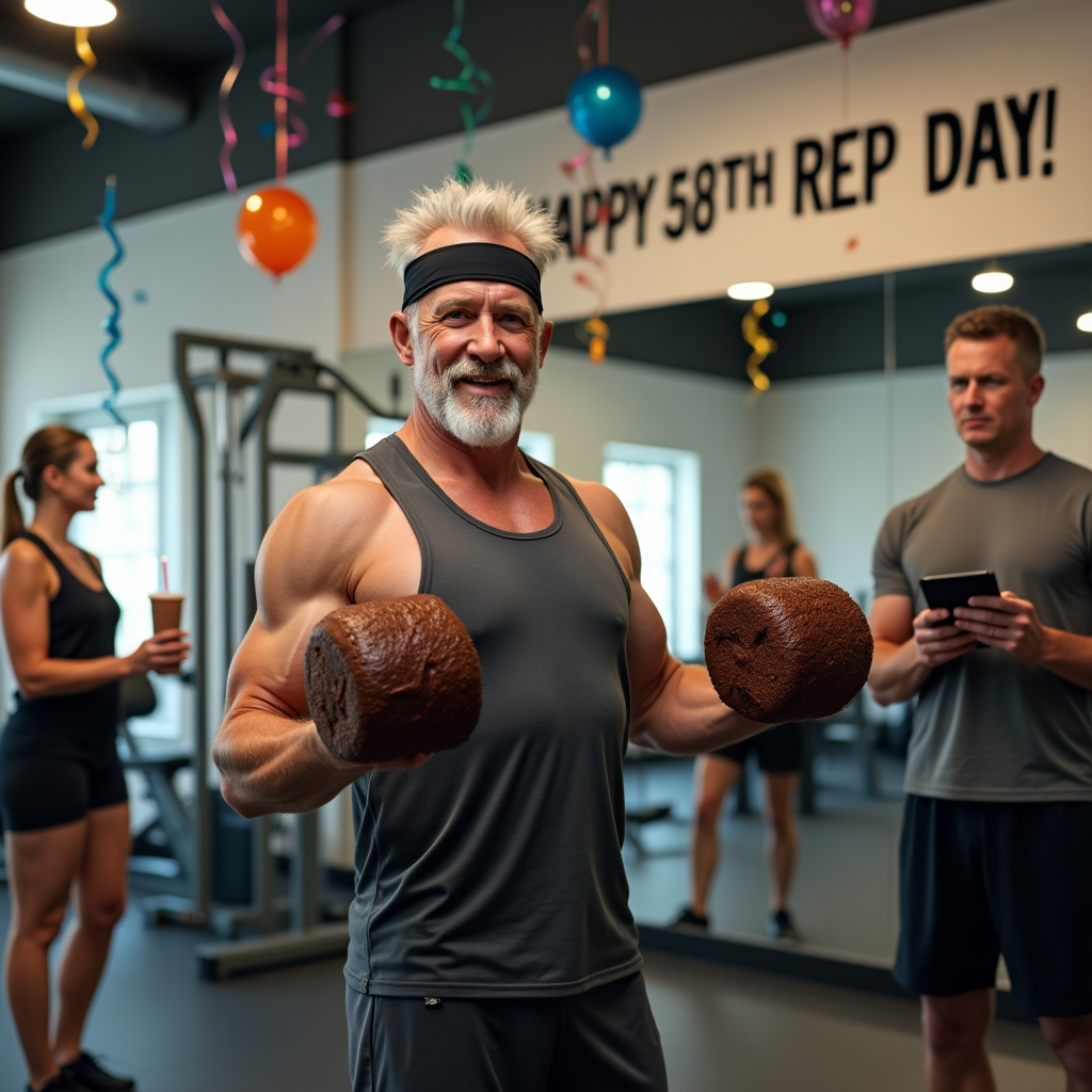 At the top of the realistic photograph image, *Son, 58 reps of cake curls and you're still lifting spirits!*

Realistic photograph prompt: A humorous gym scene showing a man who appears to be in his late 50s (Son) standing in a brightly lit, modern fitness studio. He's wearing gym clothes, a headband, and exaggeratedly small dumbbells made out of chocolate cake slices. Behind him, a stern personal trainer holds a clipboard and looks dramatically unimpressed, while birthday balloons and streamers hang in the background. There’s a banner above the mirror that says “Happy 58th Rep Day!” with other gym-goers applauding and holding protein shakes with birthday candles in them. The whole scene should be highly detailed and realistic in lighting, facial expressions, and gym environment — funny and playfully celebratory.
Generated with these themes: Personal trainer, Gym, and 58.
Made with ❤️ by AI.