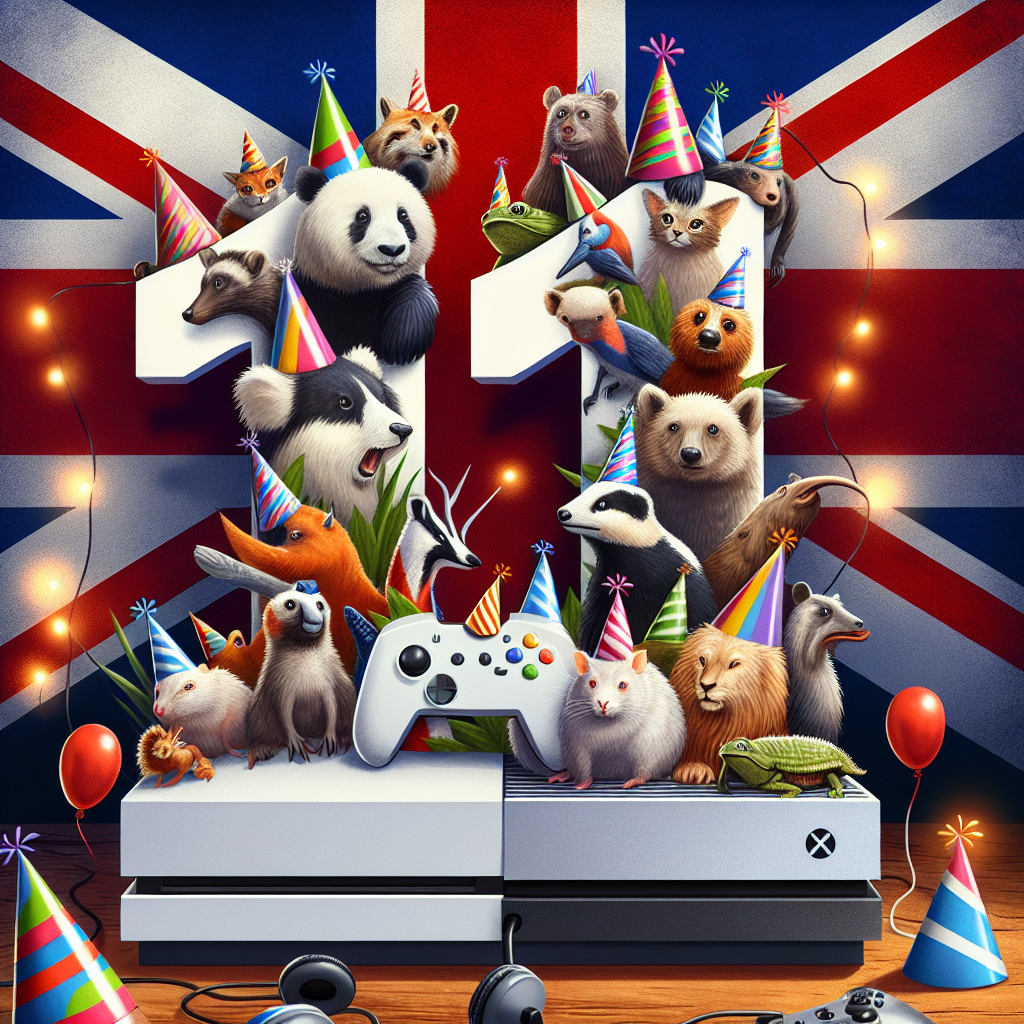 Create an image that portrays a joyous birthday event, where animals from a diverse set of species are enthusiastically participating in gaming activities. The background features a prominent display of the Union Jack flag. The party hats worn by the creatures reflect the same colors as the flag. In the foreground, there's a creative arrangement of a gaming console and controllers, forming the number '11', symbolizing the age of the birthday child, that is seamlessly blended into the gaming theme.
Generated with these themes: Gaming , Animals , Union jack flag , and 11.
Made with ❤️ by AI.