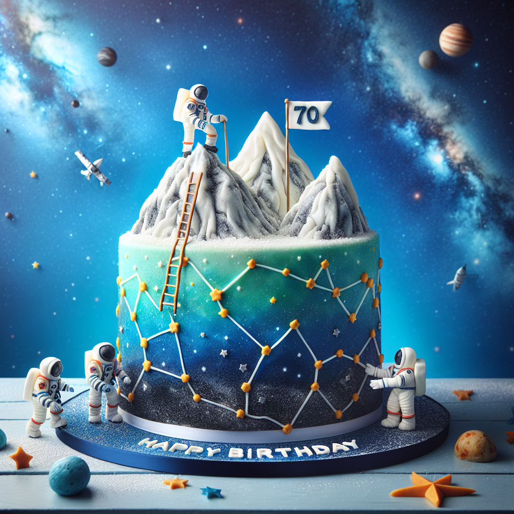 Create an illustration for a 70th birthday that combines a dad's love for hiking and space. The focus is a vibrant cake shaped like a mountain, covered in icing designs of constellations. Small figurines of astronauts are artfully placed, appearing like they're scaling the mountain cake. At the top, a fondant figure, representing the dad, proudly lifts a flag with '70' written on it, similar to an astronaut planting the flag in space. The backdrop for this scene is a clear blue sky speckled with stars and other celestial bodies, providing a sense of the infinite universe.
Generated with these themes: Dad 70th hiking space cake .
Made with ❤️ by AI.